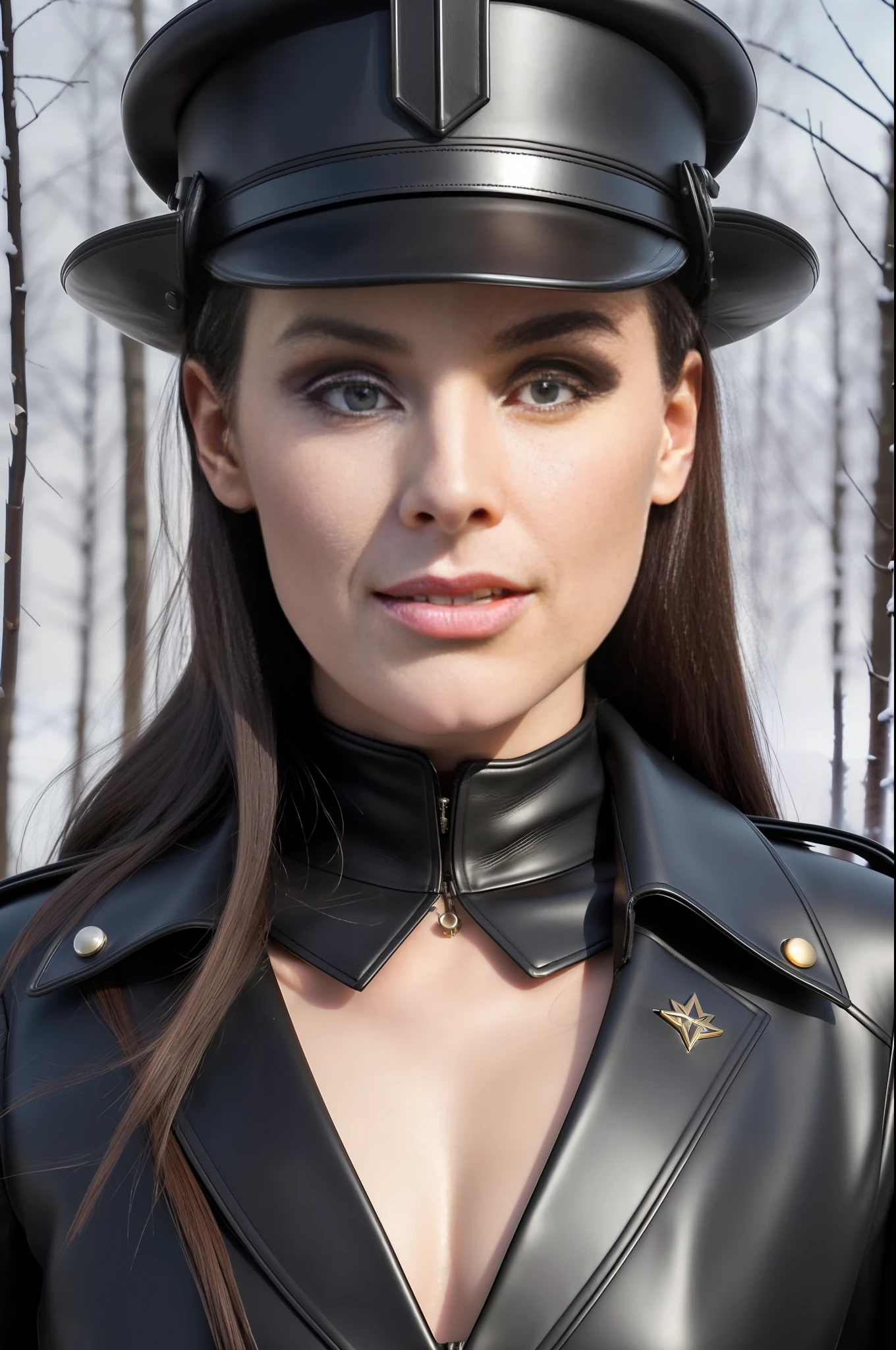 beautiful ((similing)) angwh posing in (dynamic pose) as a worls war 2 diesel punk army officer, black leather german uniform, wearing leather army hat, photo referenced, highest quality, high quality, (detailed face and eyes), dusk lighting strong makeup, industrial, outdoor snow forest background  , ((close up))