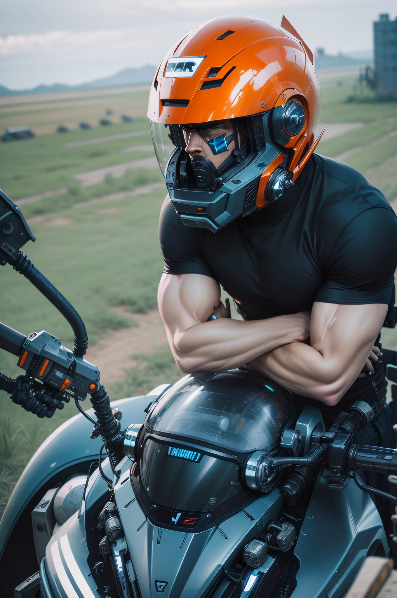Robot warrior with helmet, sci-fi mecha motorcycle, wearing helmet, motorcycle helmet, futuristic motorcycle, mechanical motorcycle, cyberpunk style, mecha style, robot, futuristic warrior, futuristic battlefield background, grand scene, futuristic city, muscular handsome man --auto --s2