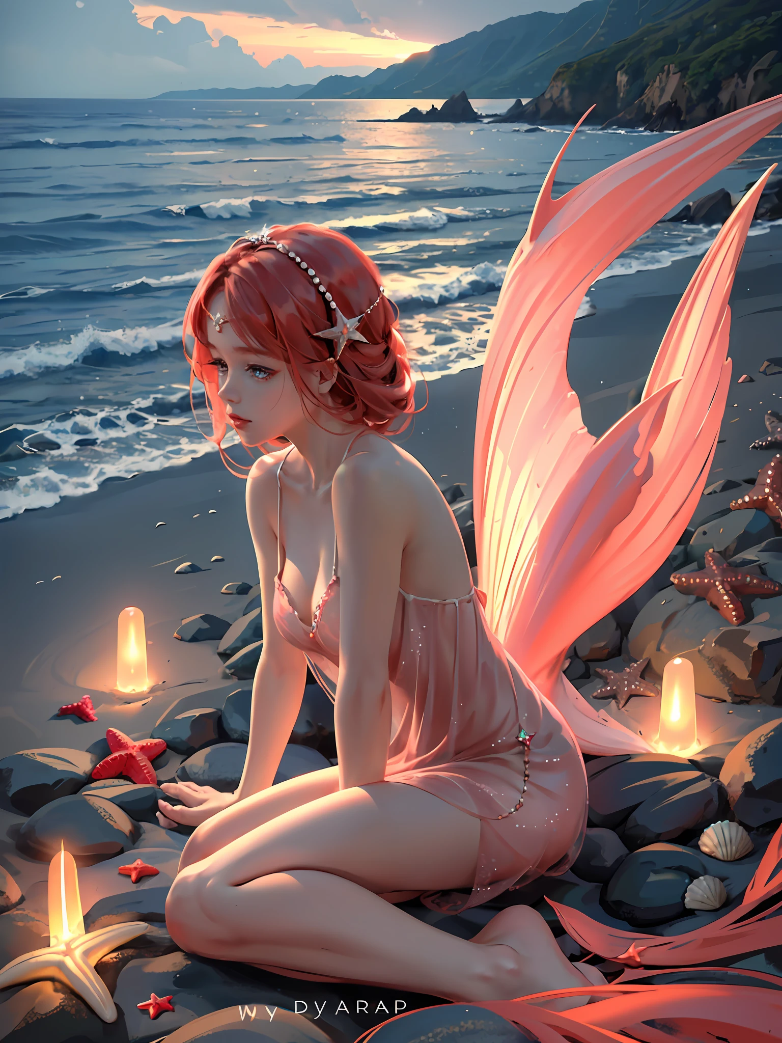 Ultra clear, ultra detail, dark night, seaside, natural light, long red hair, bright eyes, long eyelashes, pink slip dress, starfish, shells, pearl hair accessories, mermaids