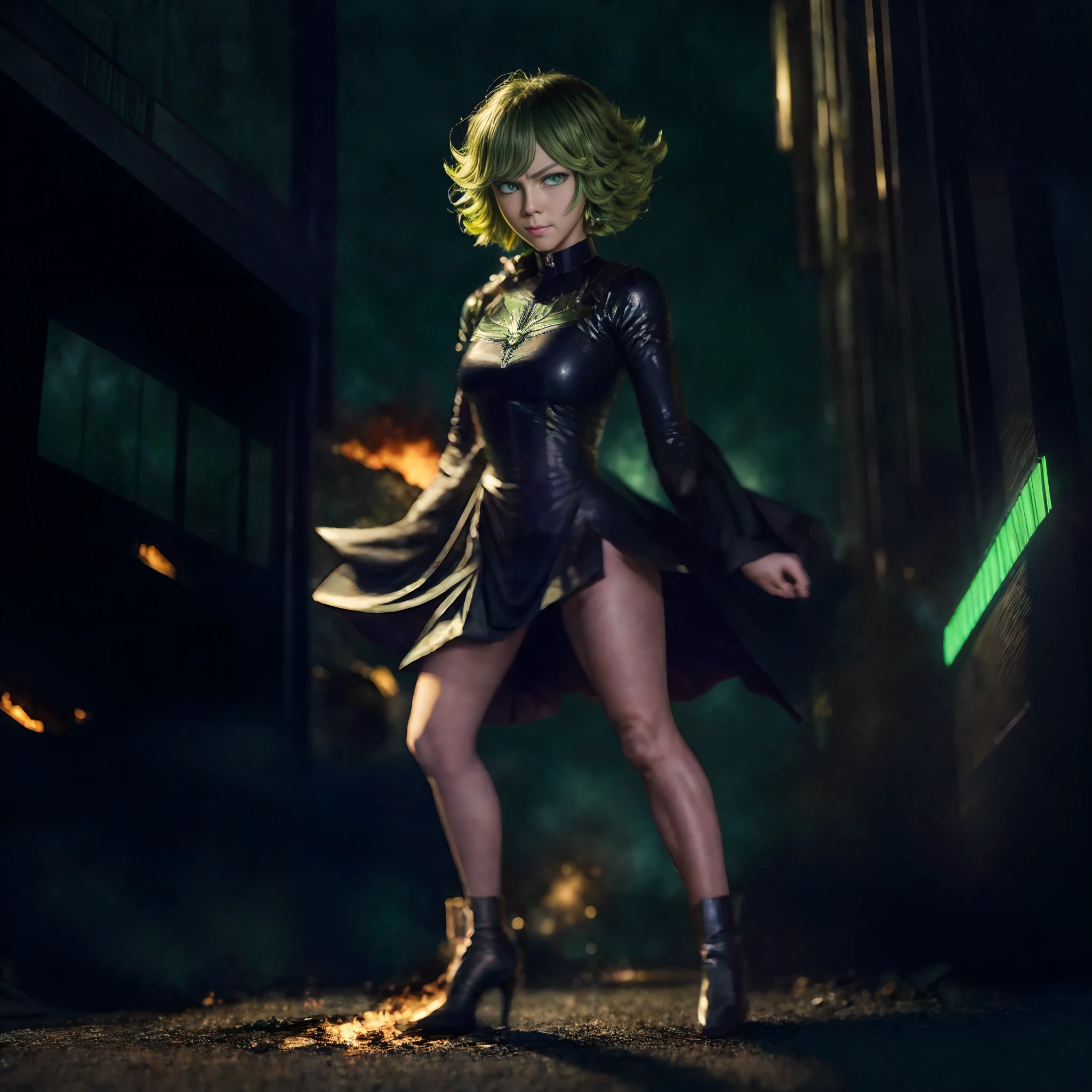 `(masterpiece),hyper-realistic, Tatsumaki, Big green Eyes (One Punch Man:1.2),(smirking, facial expression), City on Fire and destruction, HD resolution`.
