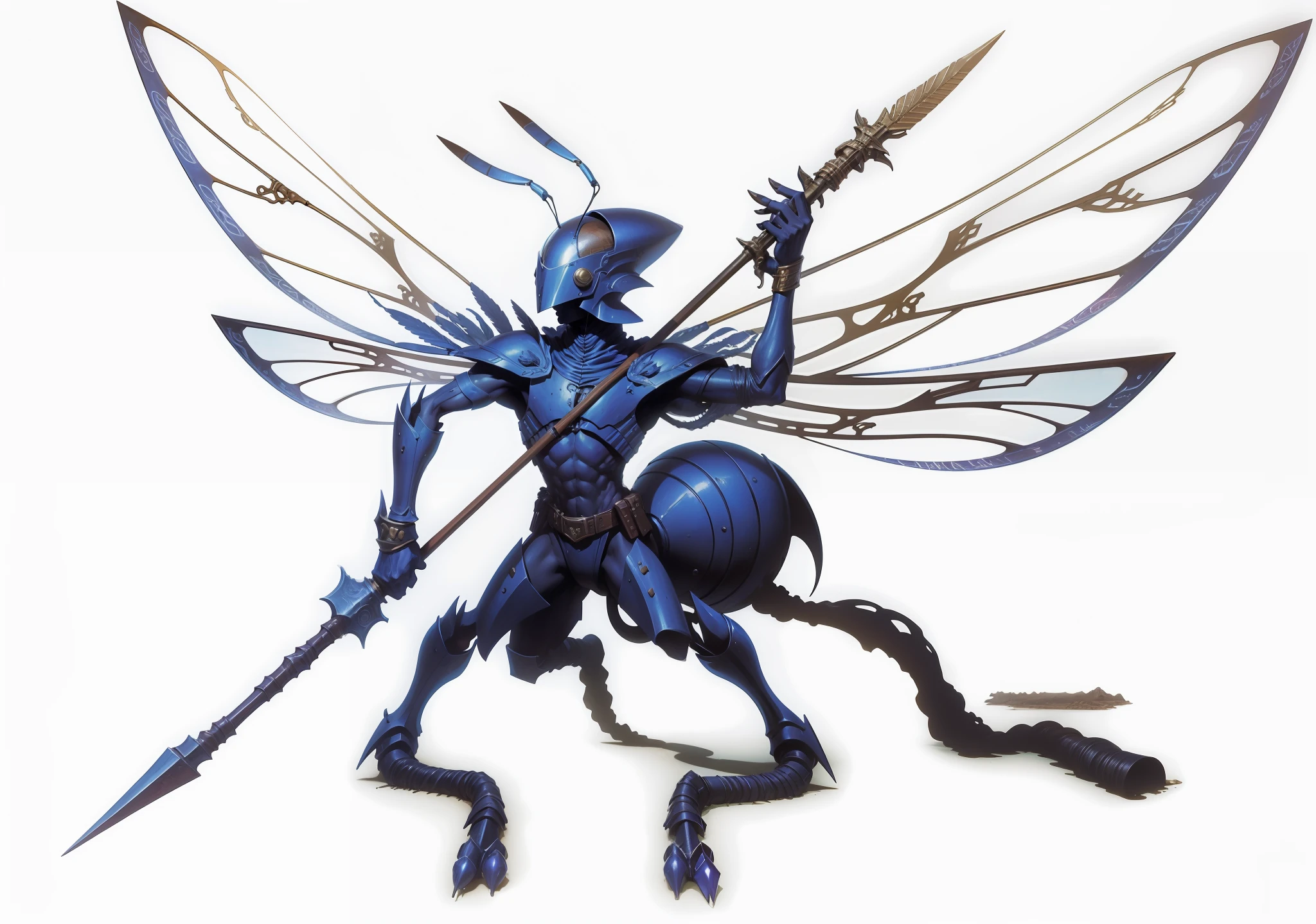 Humanoid marimbondo soldier holding spear, oil effect, rpg concept, retro fantasy, jeff easly, brom, boris valejjo. Larry elmore, concept art, insectoid with insect head desert background setting