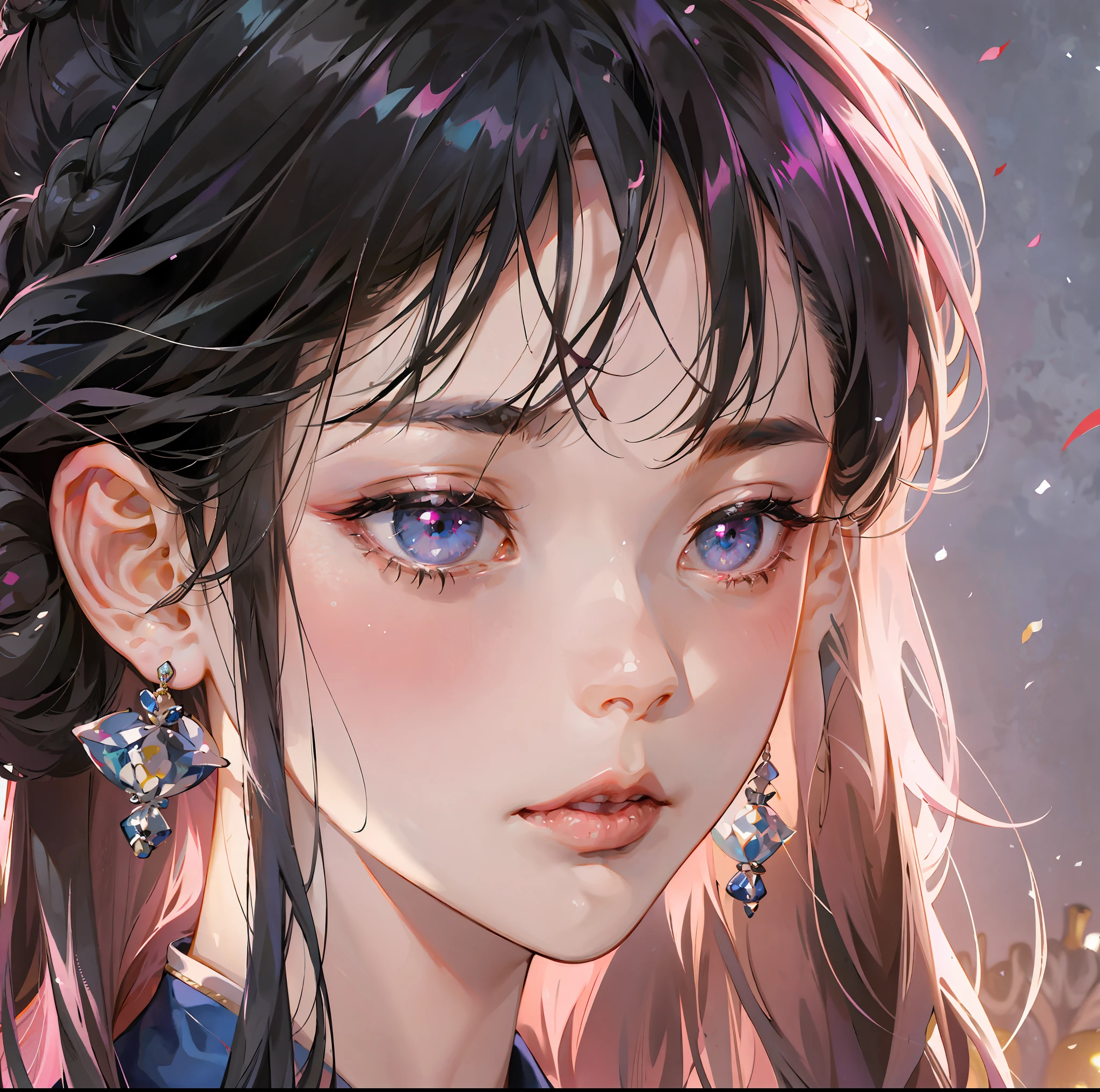 Absurd, High Resolution, Ultra Detailed, 1girl, Mature Royal Sister, Solo, Very Detailed Eyes, Delicate Eyes, Braided Bun, Asymmetrical Bangs, Wearing Earrings, Pink Silk Hanfu, Masterpiece, Dark Night, Official Art Illustration, Night, Gaze Screen, 4K, Hazy, Fairy Fluttering, Disappointed, Portrait on the Front