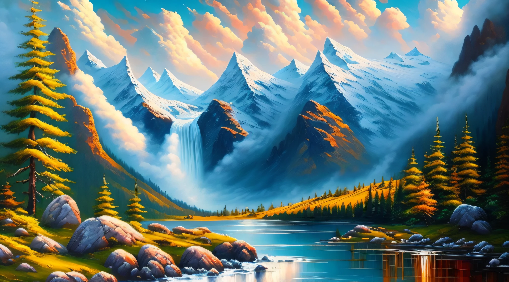 Oil painting, majestic, mountains, waterfalls, forests, white clouds, 8K, HD --auto --s2