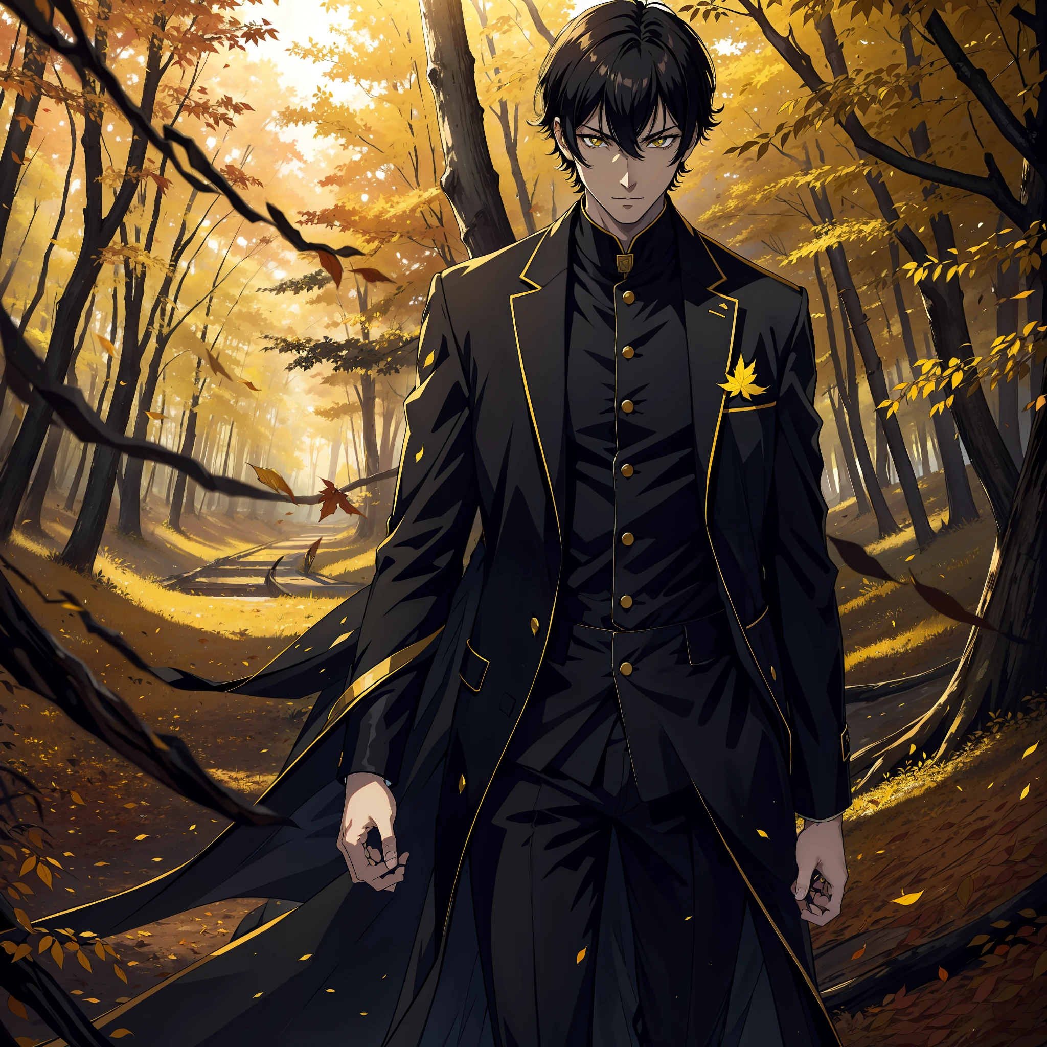 human, male, alone, mature, black short hair, slim, yellow pupils, detailed eyes, front view, black shirt, black long coat, detailed clothing, collar, tall, gentle smile, edge of the forest, falling leaves, plains,