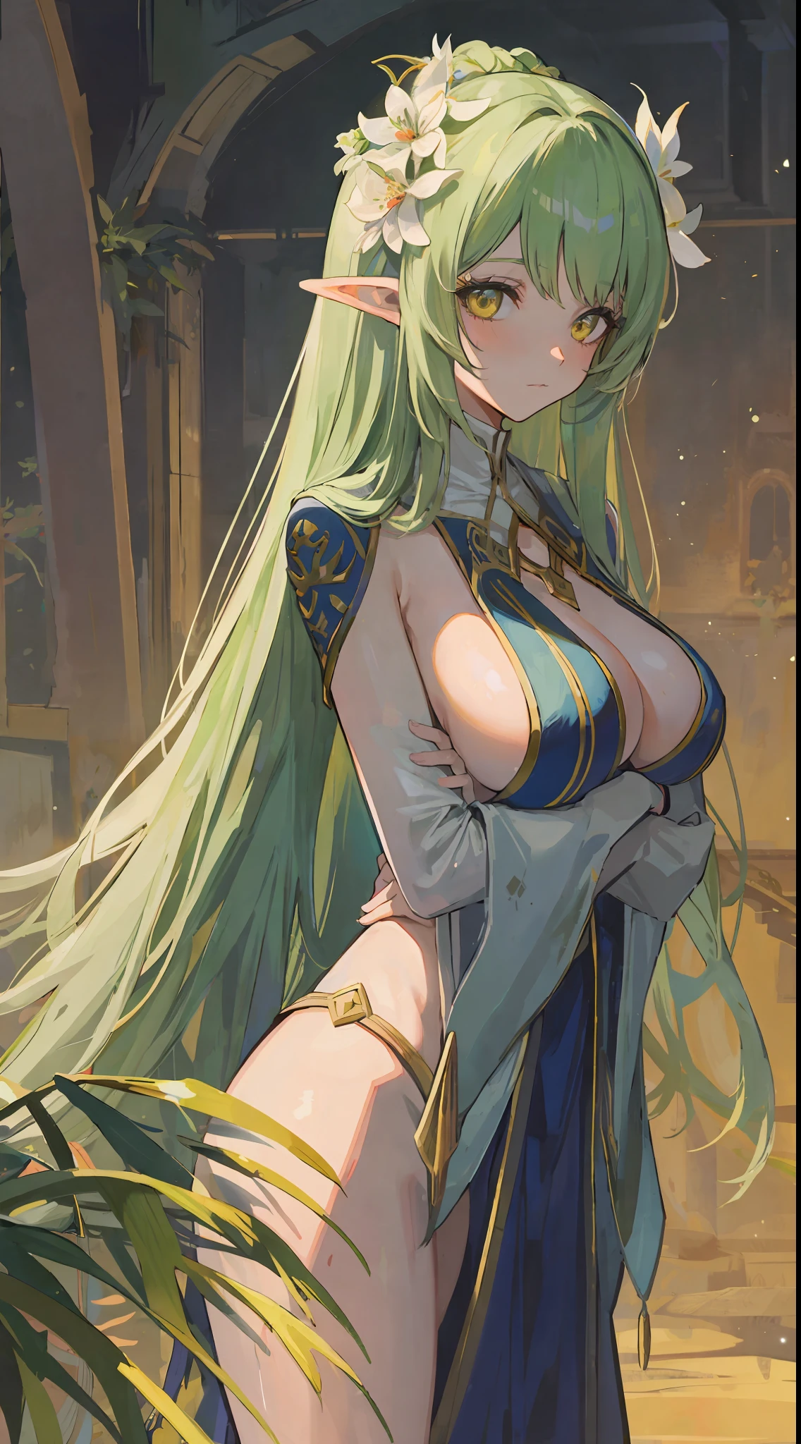 1mature elves girl, green long hair, golden eyes, white sage robe, she have white flower in her head and medium boobs and looks so sexy