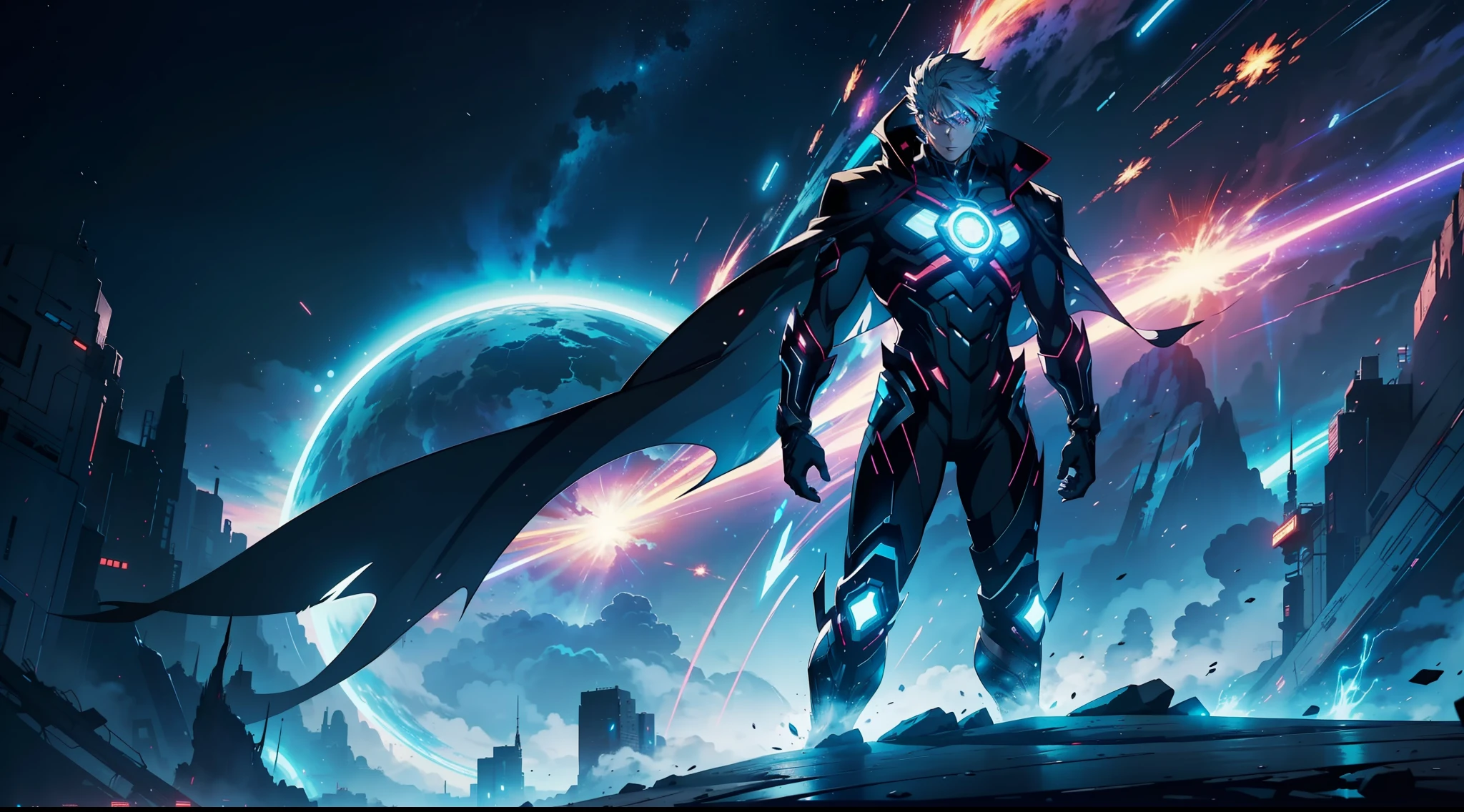 (8K anime:1.2),an epic starring a man with random powers,(epic animation style), with incredible visual effects,(futuristic background),a thrilling story. (male protagonist,superpower,forward animation,extraordinary fx,futuristic backdrop)