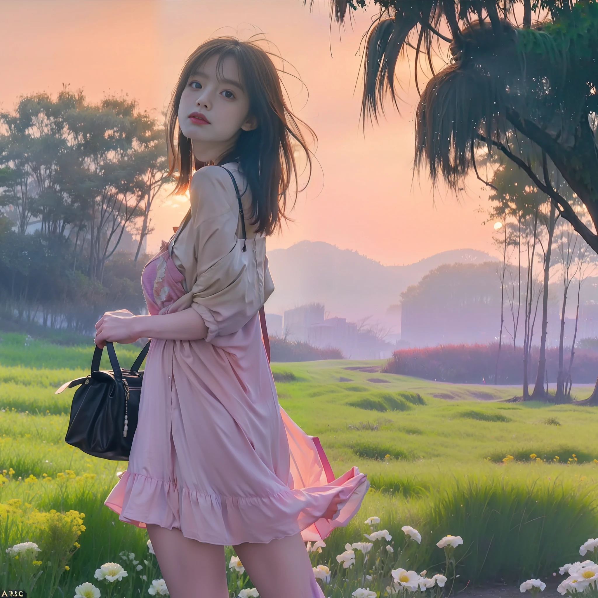 A wide landscape photo, (viewed from below, the sky is above, and the open field is below), a girl standing on a flower field looking up, (full moon: 1.2), (meteor: 0.9), (nebula: 1.3), distant mountains , Trees BREAK Crafting Art, (Warm Light: 1.2), (Firefly: 1.2), Lights, Lots of Purple and Orange, Intricate Details, Volumetric Lighting BREAK (Masterpiece: 1.2), (Best Quality), 4k, Ultra Detailed, (Dynamic Composition: 1.4), Rich in Detail and Color, (Rainbow Color: 1.2), (Glow, Atmospheric Lighting), Dreamy, Magical, (Solo: 1.2)
