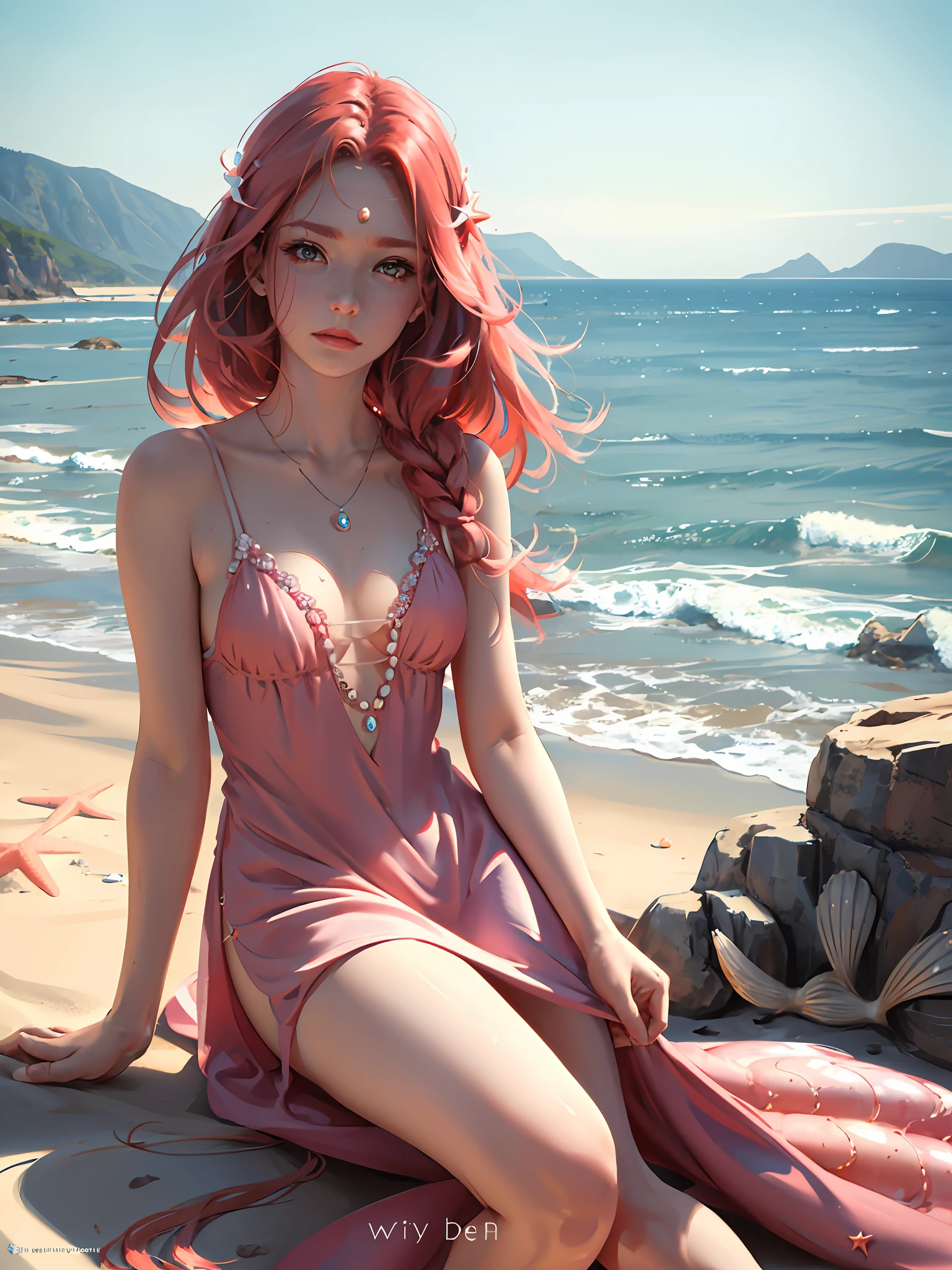 Ultra clear, ultra detailed, delicate facial features, perfect figure, seaside, natural light, long red hair, bright eyes, long eyelashes, pink slip dress, starfish, shells, pearl hair accessories, mermaids