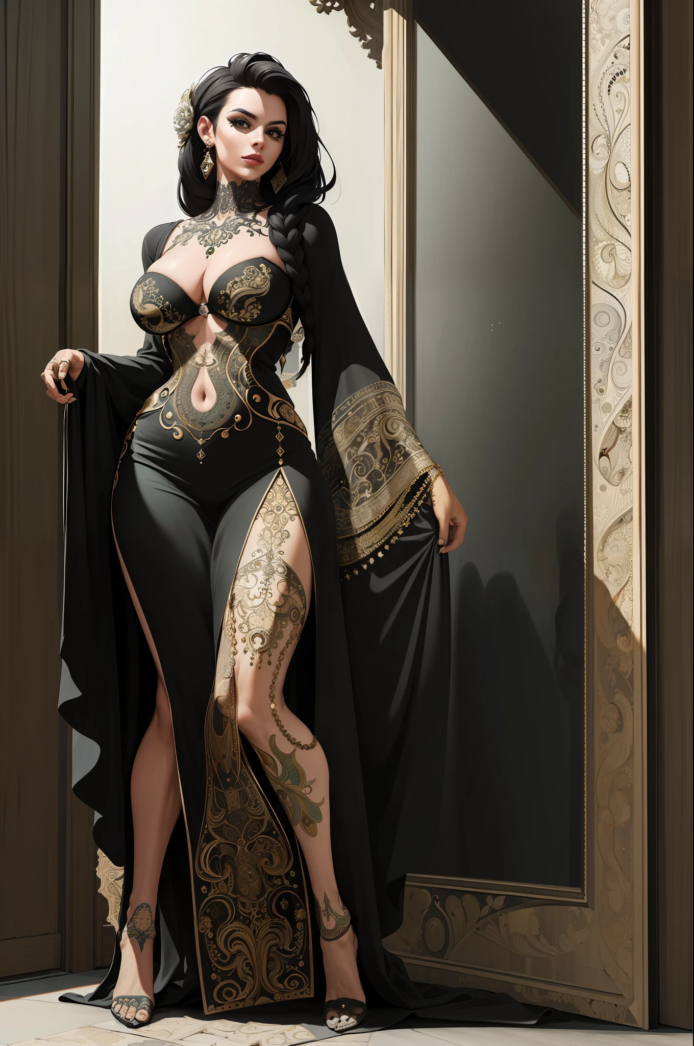 (Masterpiece, Best Quality, Highres:1.4), Mexican girl, (incredibly detailed:1.5), (tattoo:0.25), (elegant, beautiful face), full body photography,, Intricate Details, 4K,
color splashes, line art, art, fibonacci,