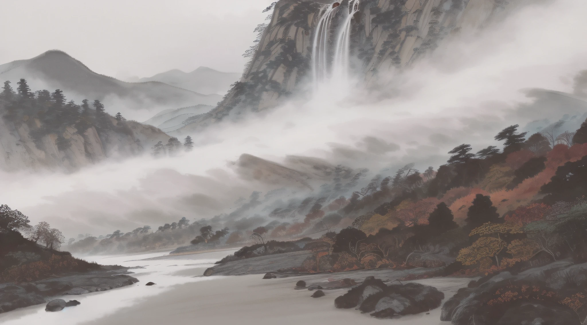 Chinese ink splashing landscape, majestic, mountains, waterfalls, forests, white clouds, HD --auto --s2