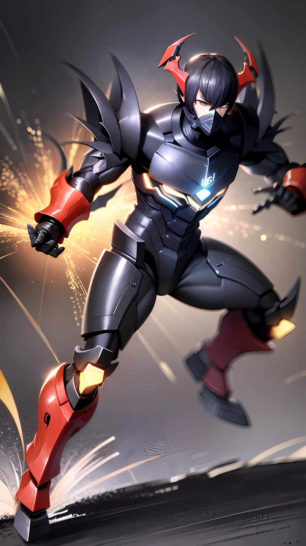 A man with short hair, a majestic posture, wearing a black and gray brilliant technology armor, mecha painting style, demon god mask, claw gloves, combat attack posture, full body photo, launch 8KHD masterpiece, highest detail, regardless of the details portrayed Black lightning, battlefield background, strong visual impact, shocking picture, red-eye special effects, rich picture, motion blur, dynamic picture, strong layering, real picture quality