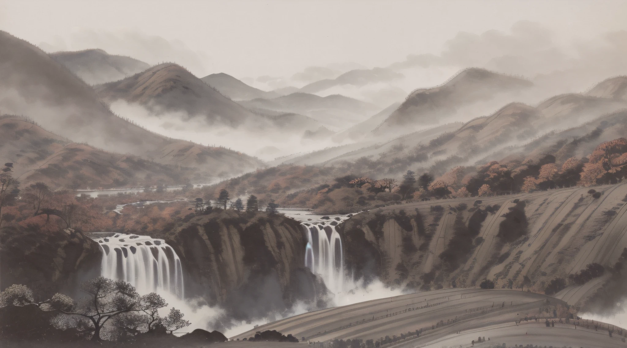 Chinese ink splashing landscape, majestic, mountains, waterfalls, forests, white clouds, HD --auto --s2