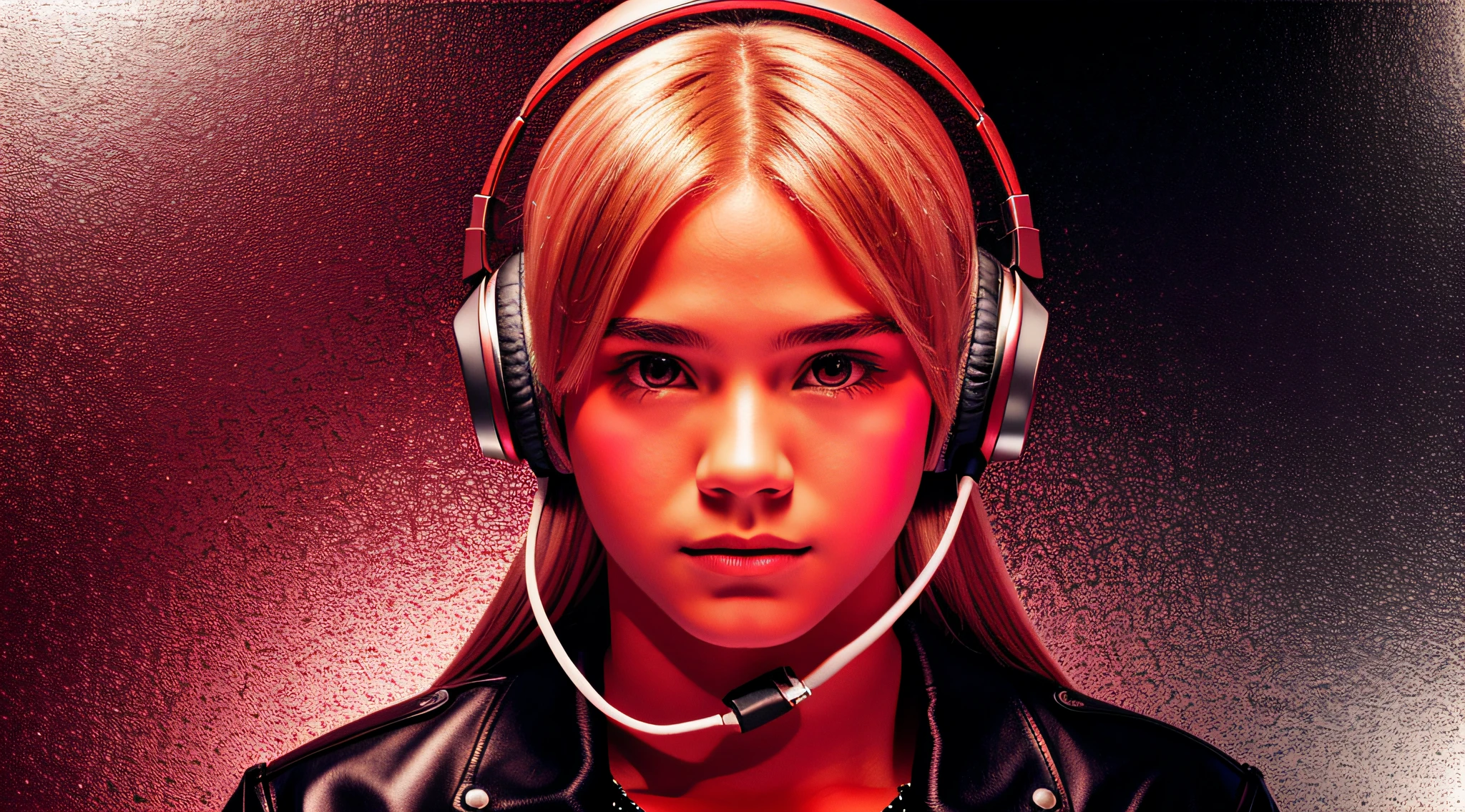 BOY child , RUSSIAN BLONDE long hair and headphones, portrait, SILVER LEATHER JACKET, VINYL AND CDS red background. --auto --s2