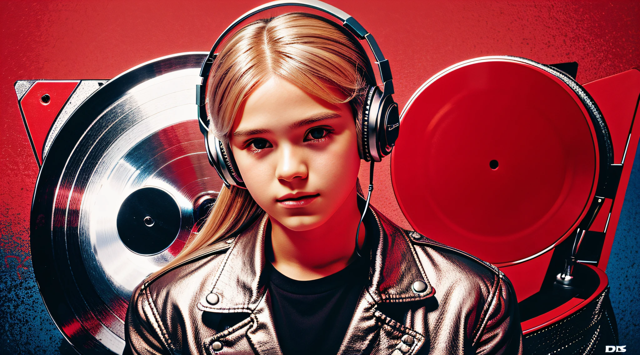 BOY child 12 years old, RUSSIAN BLONDE long hair and headphones, portrait, SILVER LEATHER JACKET, VINYL AND CDS red background. --auto --s2