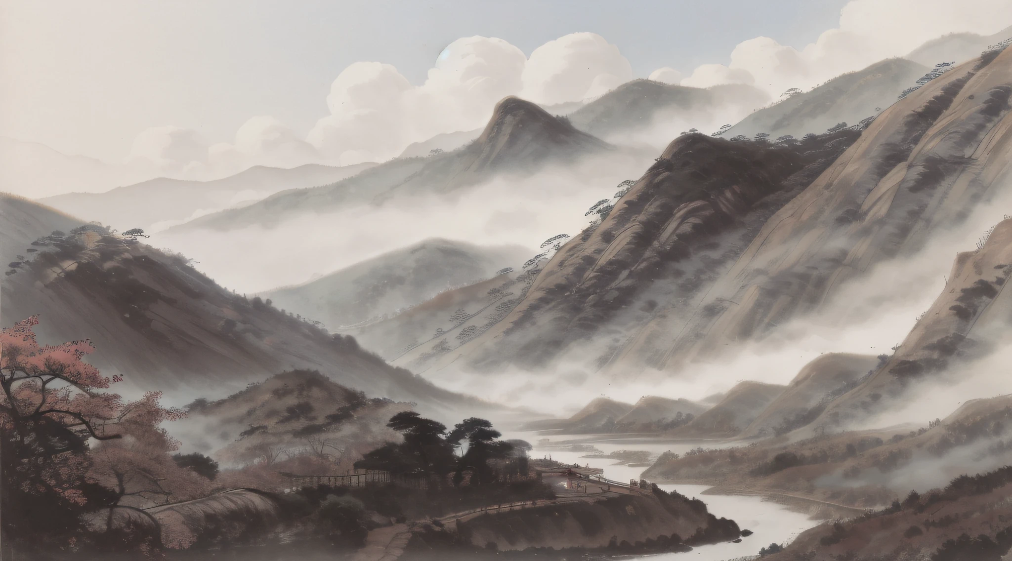 Chinese ink splashing landscape, majestic, mountains, waterfalls, forests, white clouds, HD --auto --s2