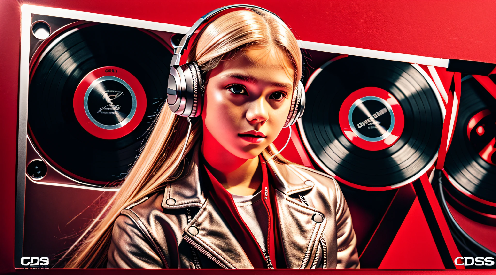 BOY child , RUSSIAN BLONDE long hair and headphones, portrait, SILVER LEATHER JACKET, VINYL AND CDS red background. --auto --s2
