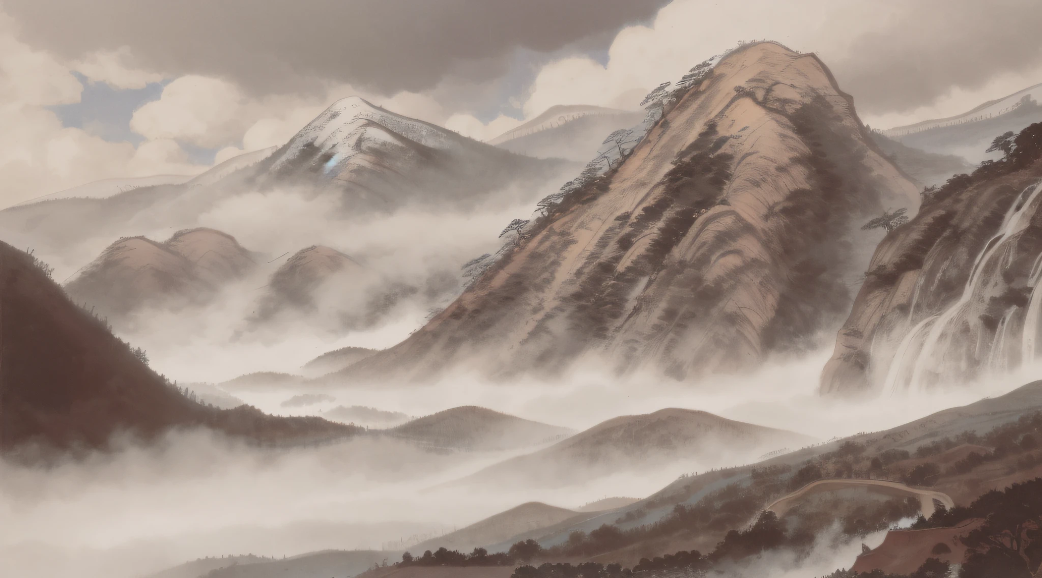 Chinese ink splashing landscape, majestic, mountains, waterfalls, forests, white clouds, HD --auto --s2