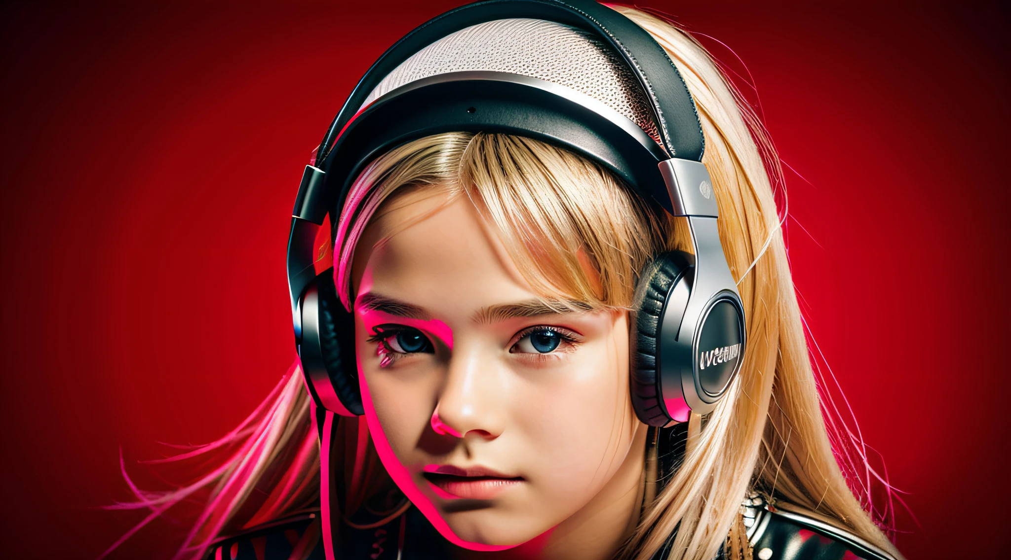 BOY child 12 years old, RUSSIAN BLONDE long hair and headphones, portrait, SILVER LEATHER JACKET, VINYL AND CDS red background. --auto --s2