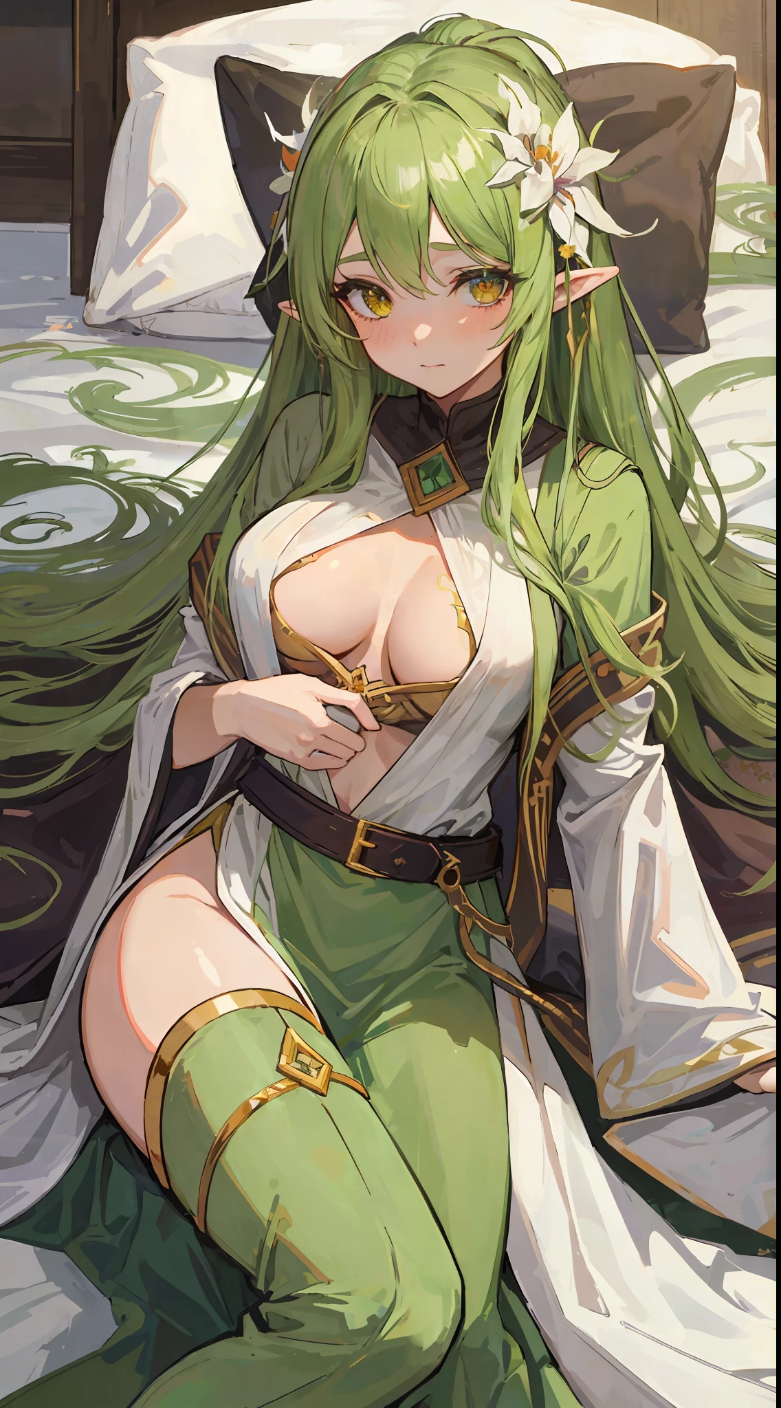 1mature elves girl, green long hair, golden eyes, white sage robe, she have white flower in her head and medium boobs, lay on bed blushes and looks so sexy