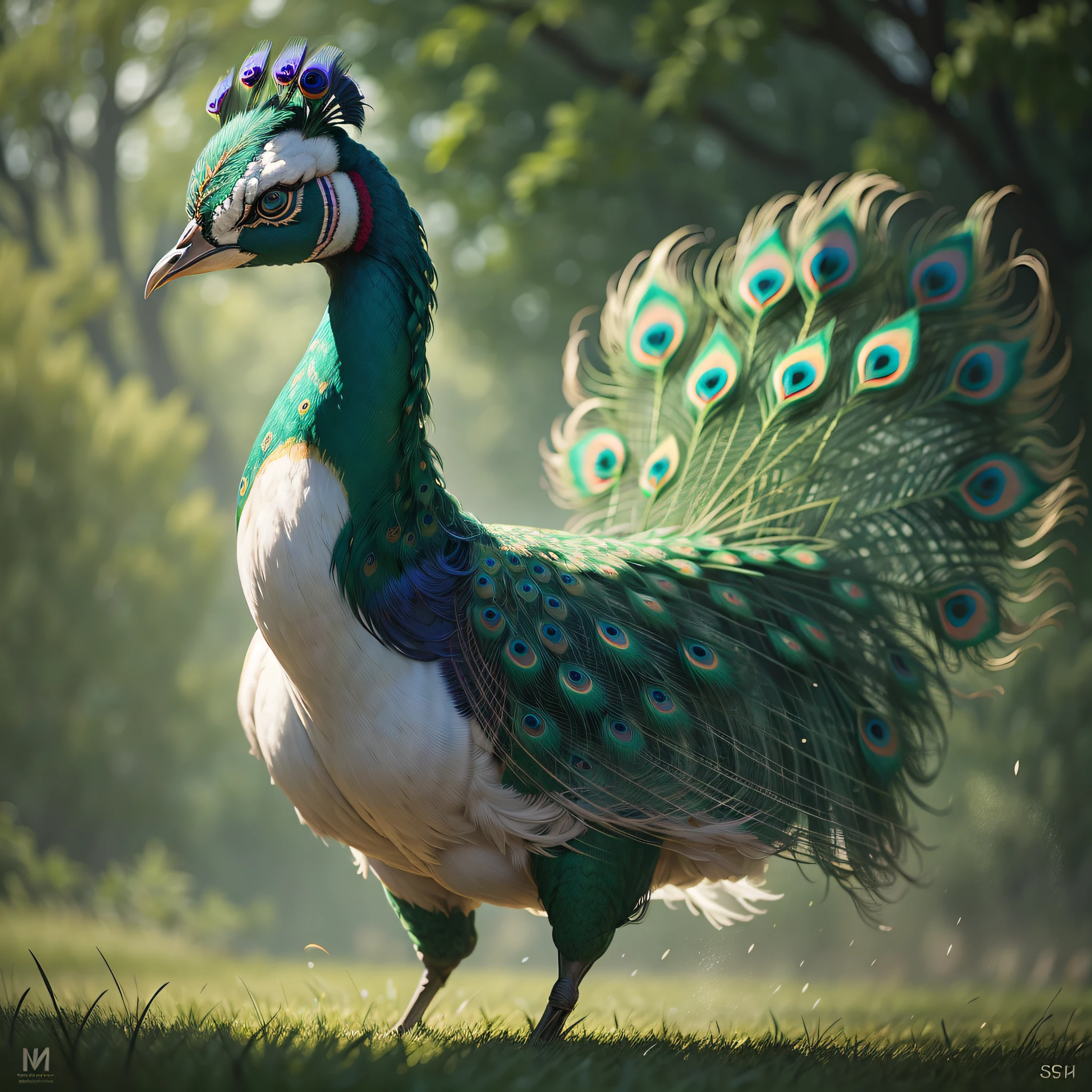 The Dance of the Peacock, misty pastoral background, intense interplay of light and shadows, fast shutter speed, dynamic action and movement --auto --s2