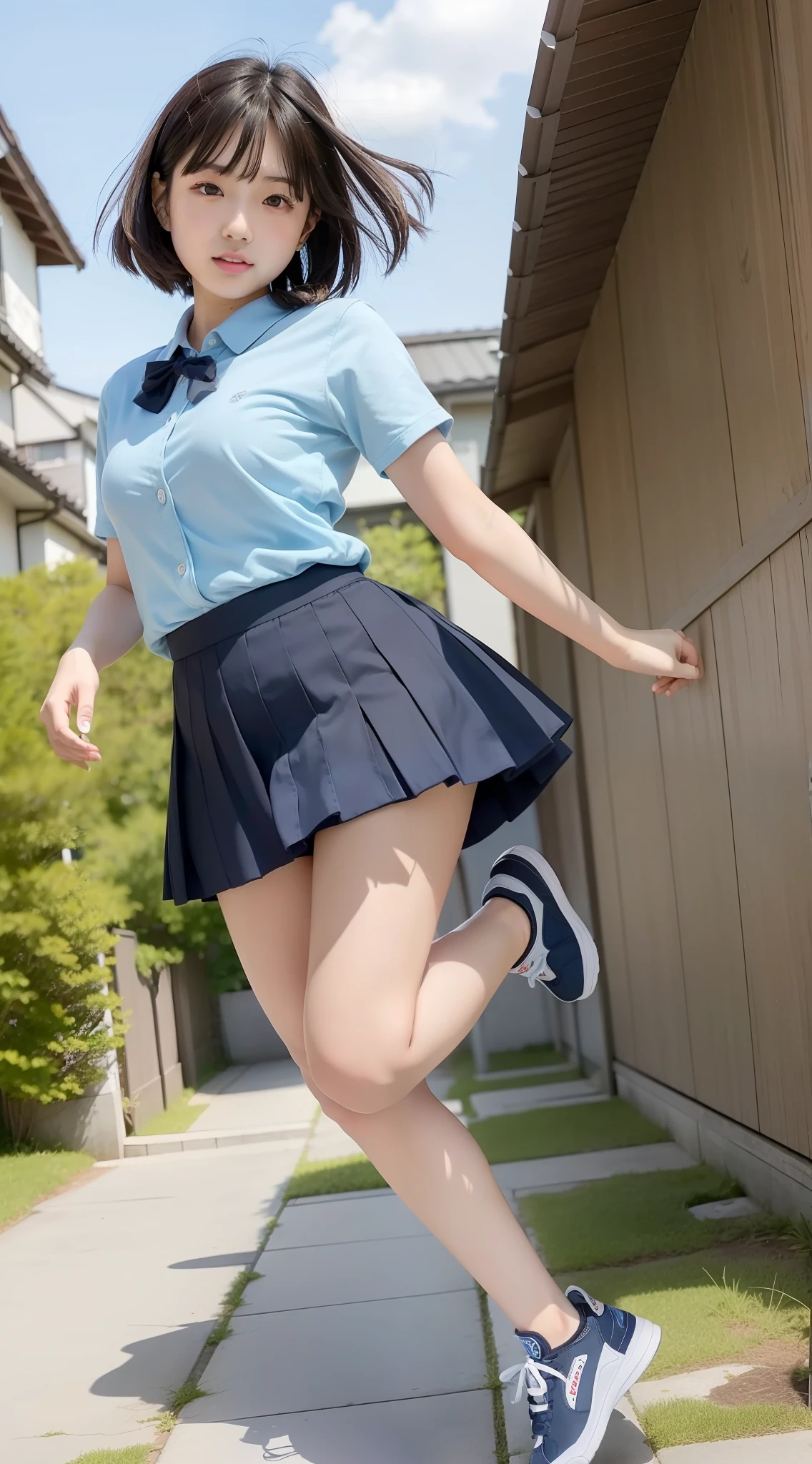 Japan girls, Japan, 18 year old girls, short hair, black hair, brown eyes, small breasts, perfect figure, perfect skin, school uniform, light blue shirt, navy blue skirt, underwear, panchira, sneakers, feeling jumping and bouncing happily, jumping, schoolyard,