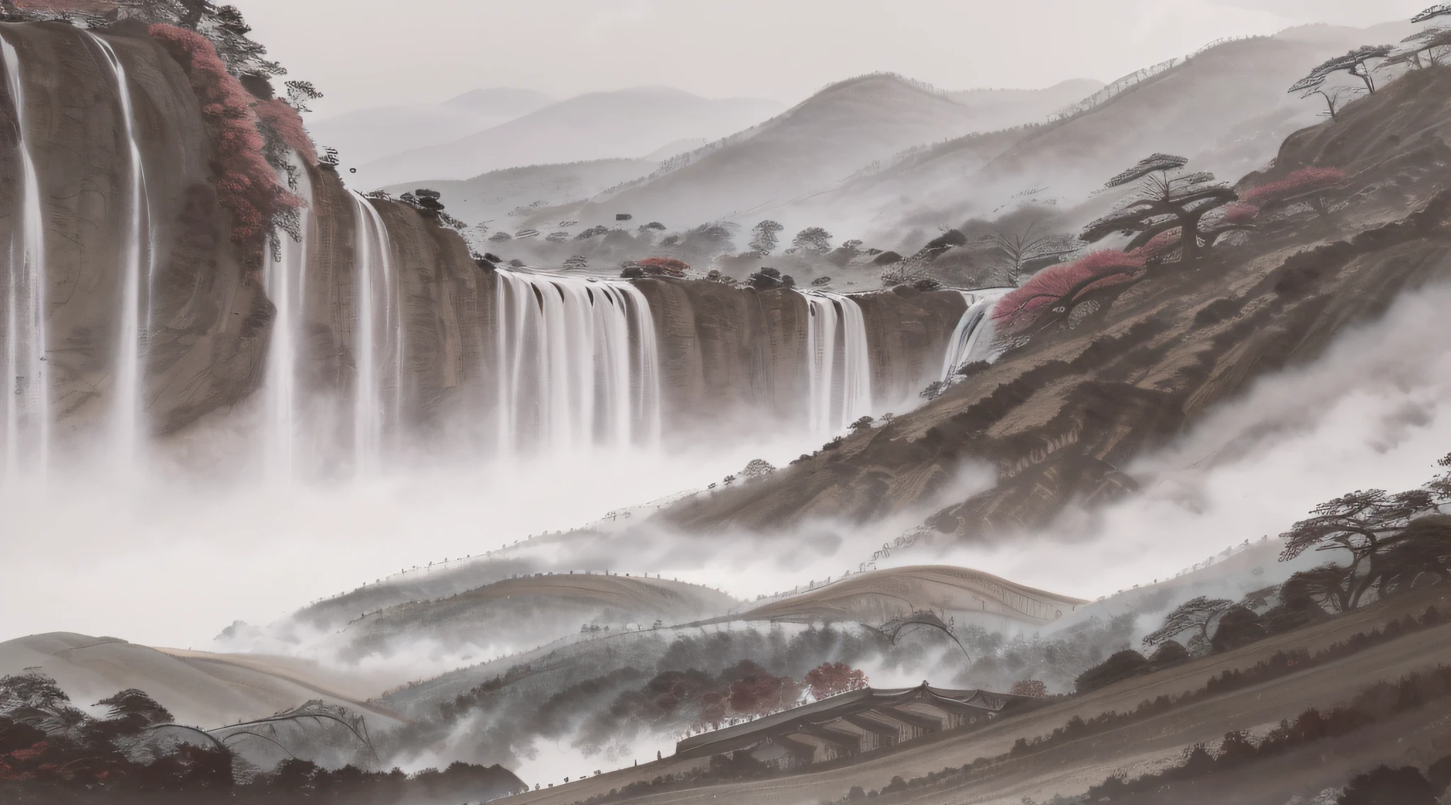 Chinese ink splashing landscape, majestic, mountains, waterfalls, forests, white clouds, HD --auto --s2