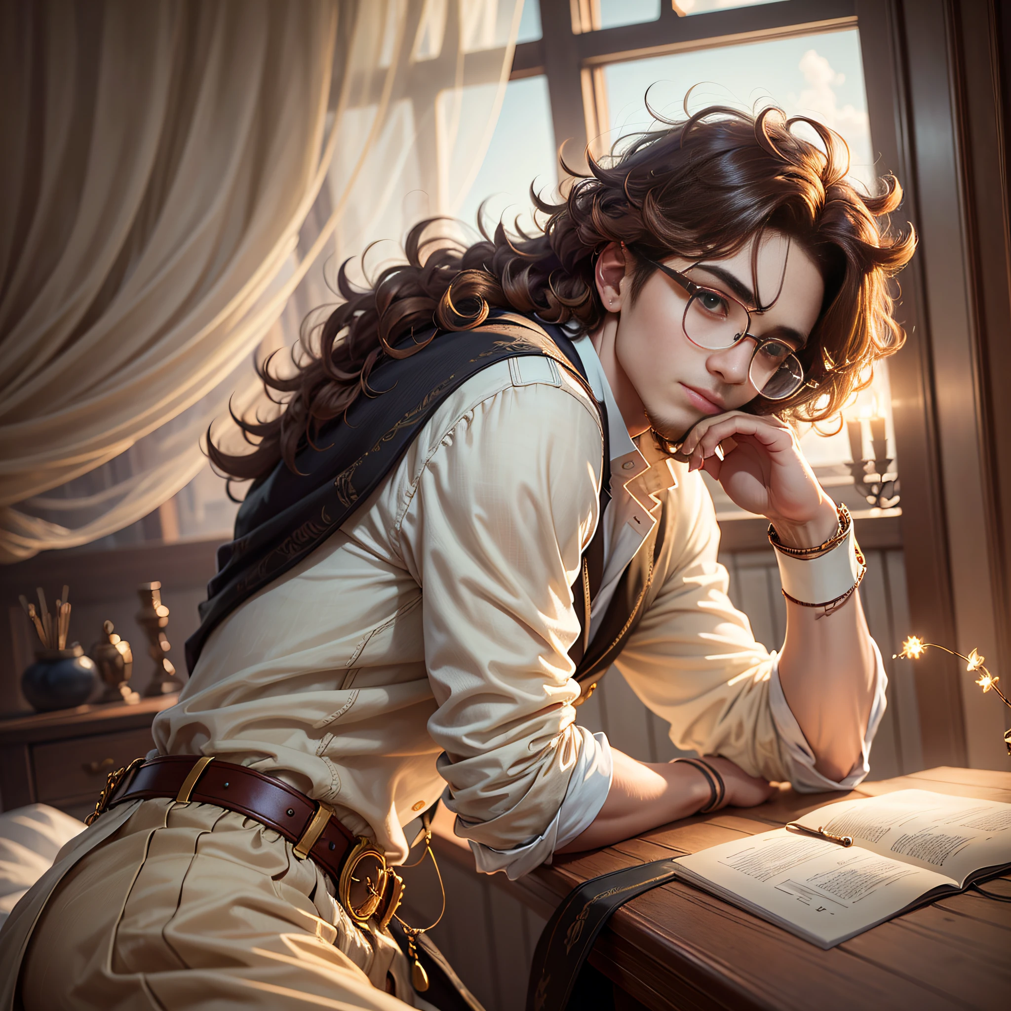 High quality, masterpiece, masterpiece, exquisite facial features, exquisite hair portrayal, exquisite eye portrayal, exquisite brown hair, 4K picture quality, gorgeous light and shadow, Tyndall effect, halo, messy hair, gorgeous scene, exquisite clothes, two-dimensional boys, handsome guys, exquisite facial features, high resolution, atmosphere, pure desire, delicate face, bear ears, gold wire-framed glasses, abstinence, super details, anime male protagonist, president, light curly hair, male protagonist, everyone loves, in the bedroom, relax, home --auto --s2
