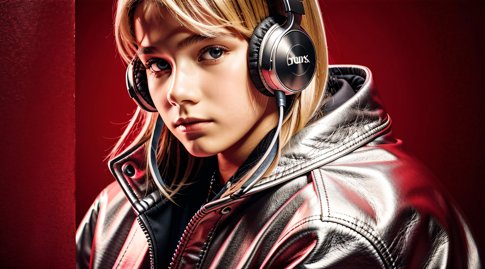 BOY , RUSSIAN BLONDE long hair and headphones, portrait, SILVER LEATHER JACKET, VINYL AND CDS red background. --auto --s2