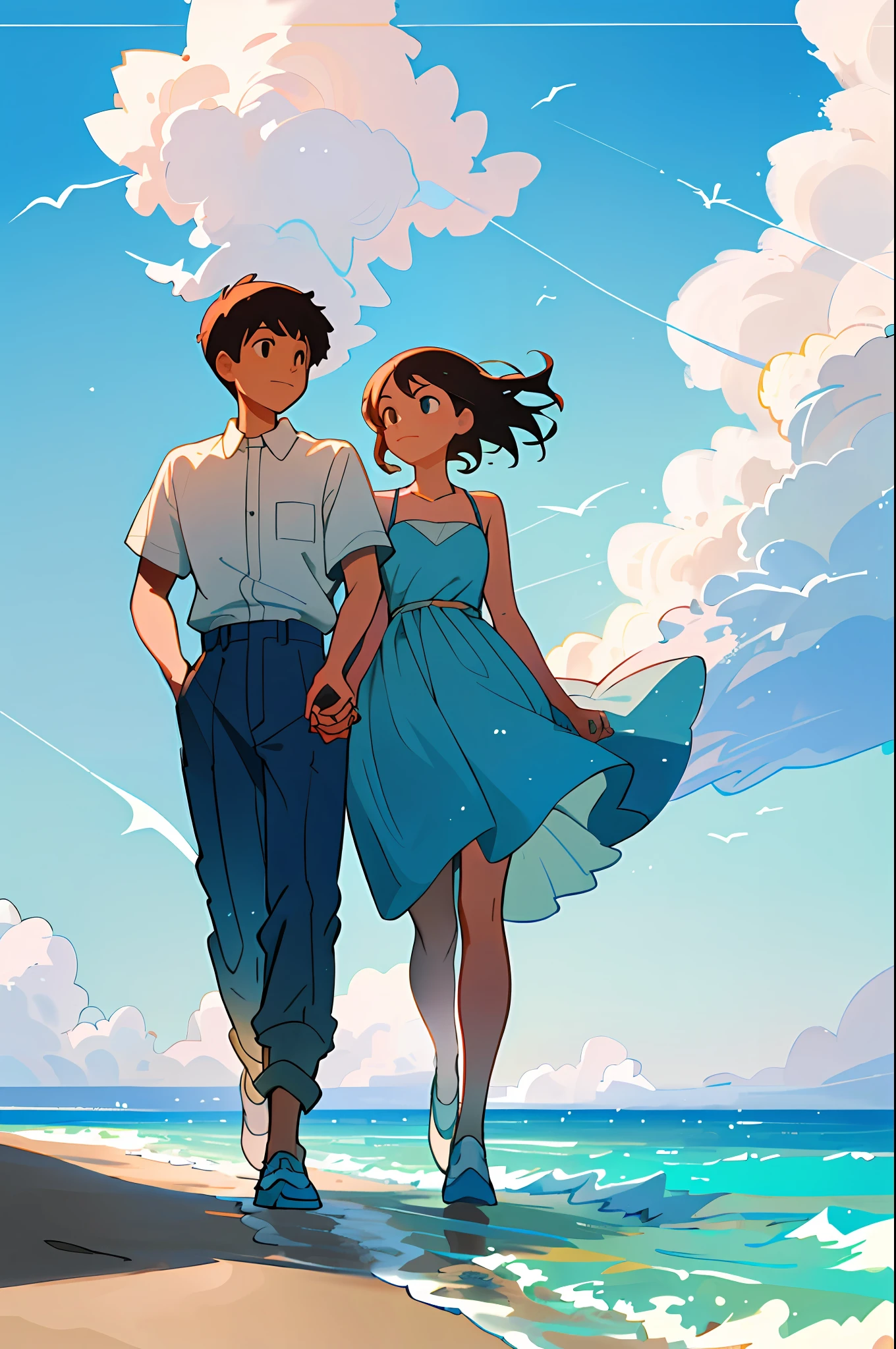 (best quality, masterpiece) couple walking along the beach, holding hands, (details well done), wind, particles, blue sky, a boy and a girl, white clouds in the sky, blue water, sunny day, high quality, sunlight