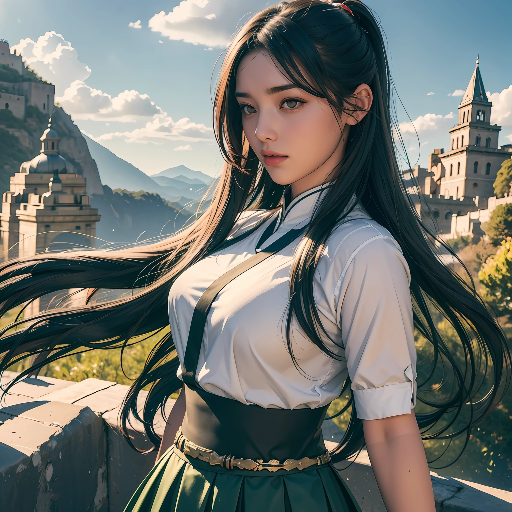 Best Quality, High Resolution, 1 Girl, (Girl), Slightly Chubby, Willow Leaf Eyebrows, Raised Eyebrows, Solid Round Eyes, Beautiful Face, Handsome, Black Hair, Yellow Eyes, Short Hair, Translucent Skirt, Long Skirt, Cotton Skirt, (Dark Green Tulle Skirt), Belt, Standing, Ancient China, City Walls, Mountains, Epic, Atmospheric View, God Rays, Full Body View, Film Light Effects, Surrealism, (High Detail), High Resolution