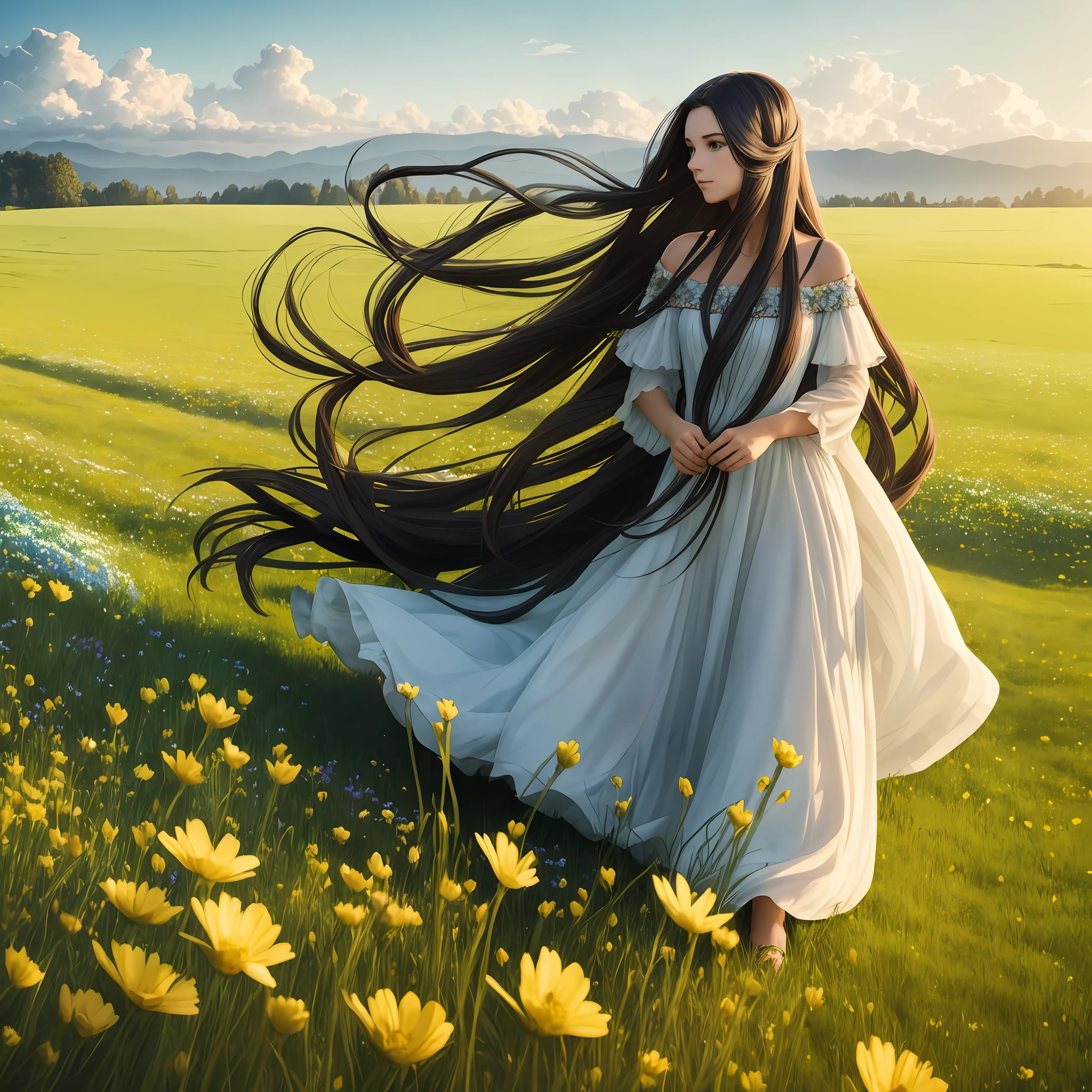 Fantasy, dark-haired long-haired girl in a dress made of fresh flowers stands in the middle of a green meadow, a gust of wind blows her hair, beauty, highest quality, masterpiece, work of art, high detail