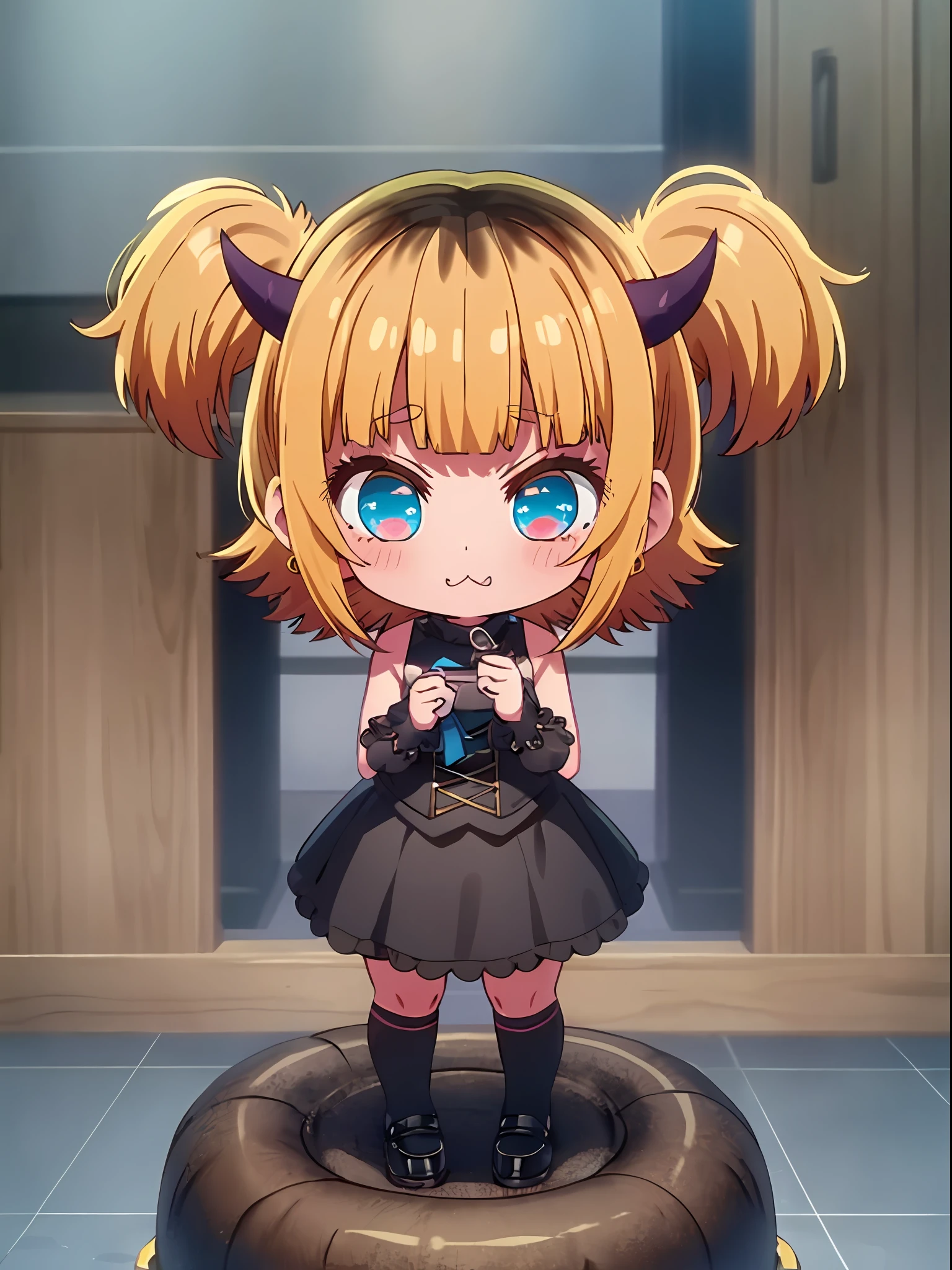 memcho, blonde, black high neck, sleeveless, small horn, uniform, mini skirt, short hair, idol, big eyes, surprised face, ω, closed mouth, naughty child, doya face, lots of memcho, mini character, chibi character, chibi