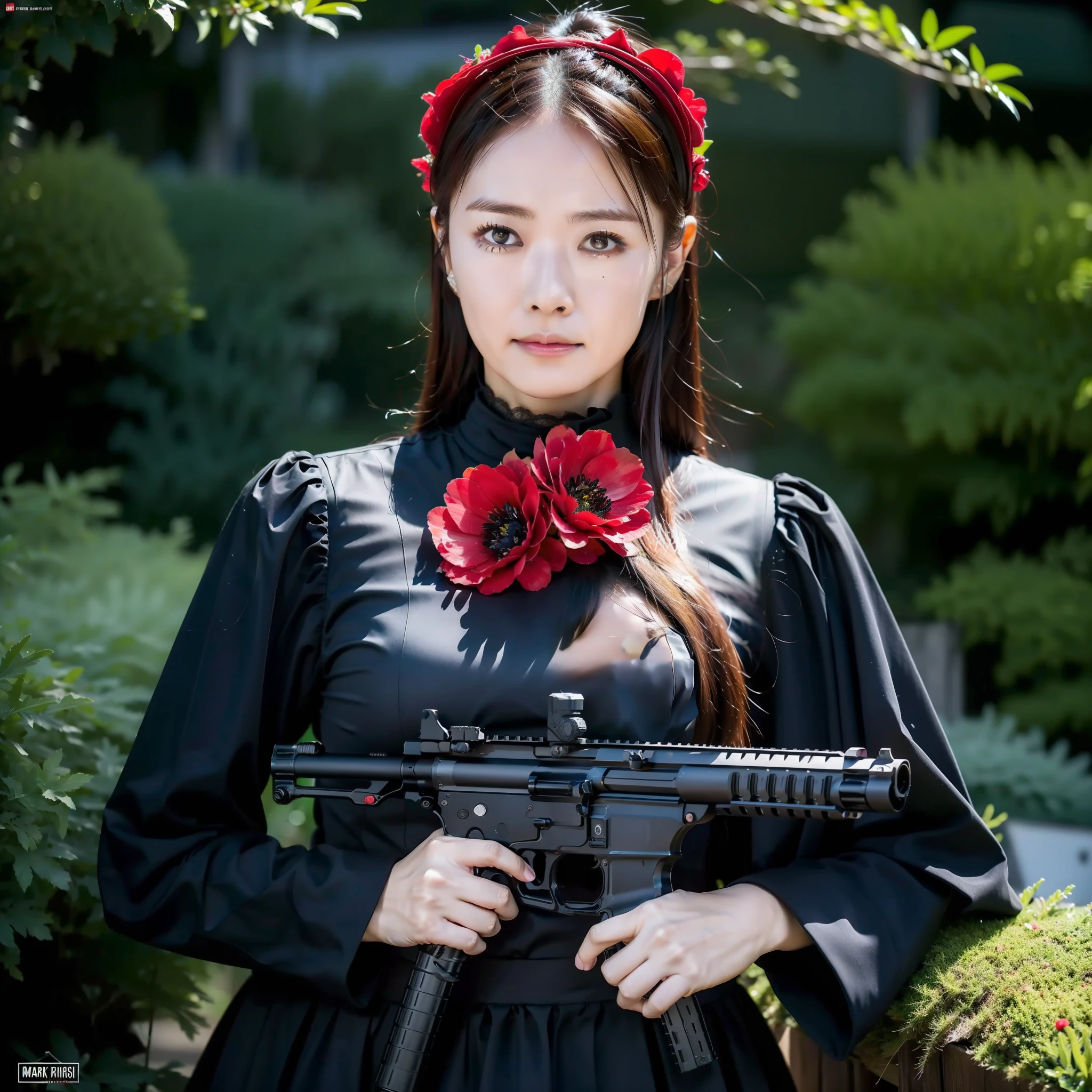 HK416 rifle,
Black tears, corolla, revolutionary, possession of a pistol, skull mask, dark theme, 18 year old girl in the garden, black dress, (top quality, masterpiece: 1.2), (red flower chaos in the background: 1.3)