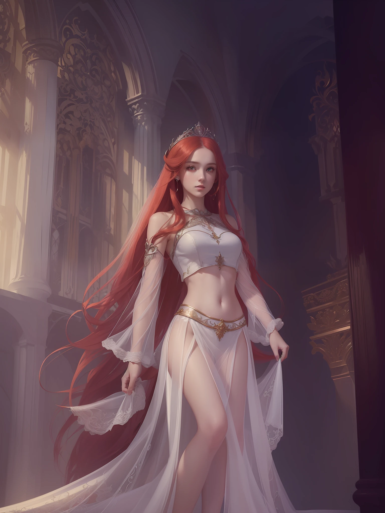 (Best quality, masterpiece, ArtStation, Fantasy Art:1.2), a dim dark palace room, a beautiful cute girl with clothes, (long red hair, tiara:1.1), (intricate, white crop top, transparent white dress:1.2)