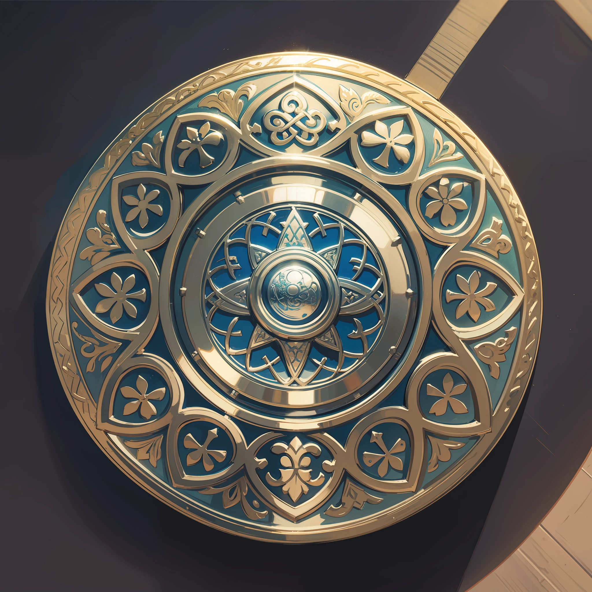 (Best quality) A Celtic style silver badge, no figures, Celtic motif in the center of the coat of arms, positive perspective, pencil single pigment drawing, exquisite details, --s2