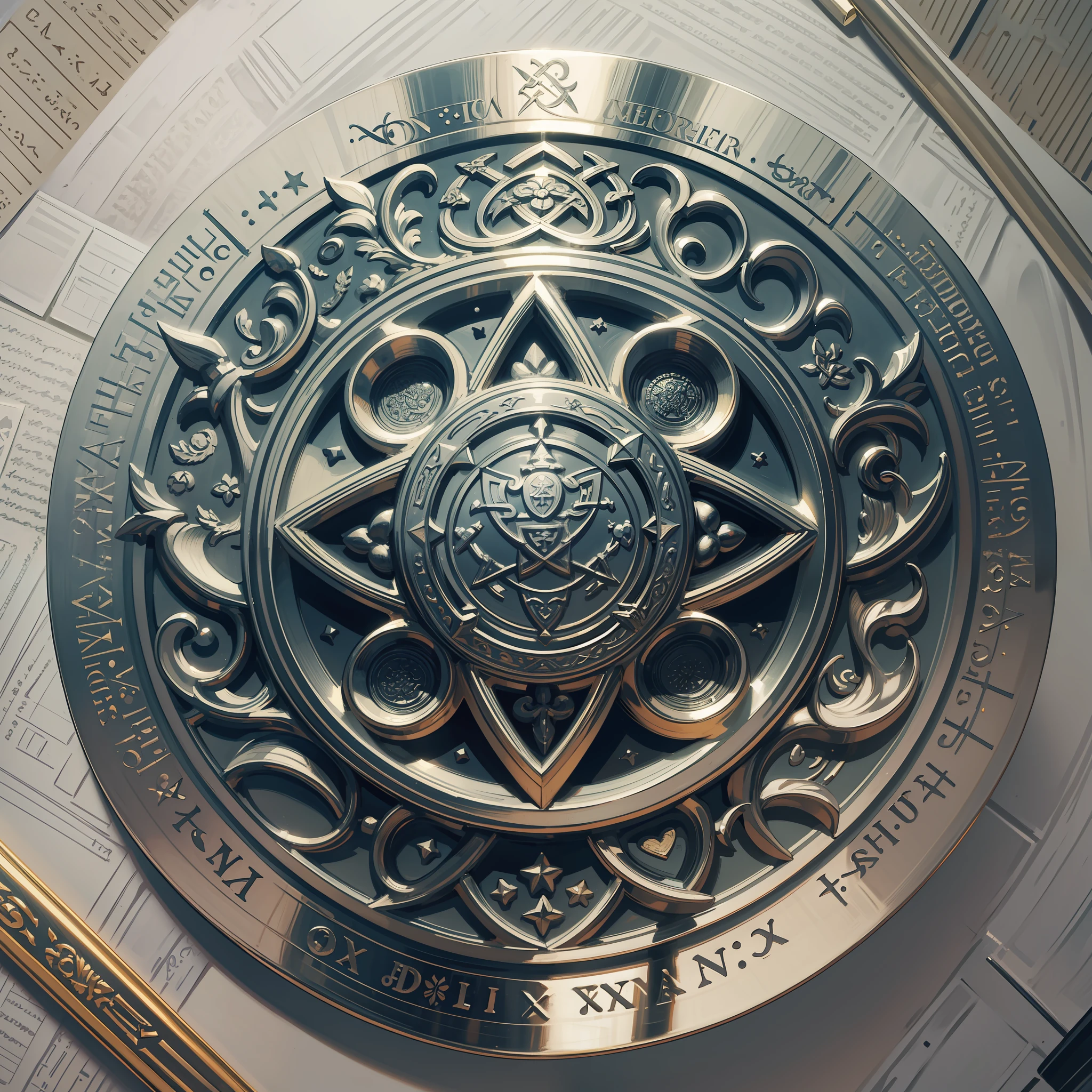 (Best quality) A Celtic style silver badge, no figures, Celtic motif in the center of the coat of arms, positive perspective, pencil single pigment drawing, exquisite details, --s2