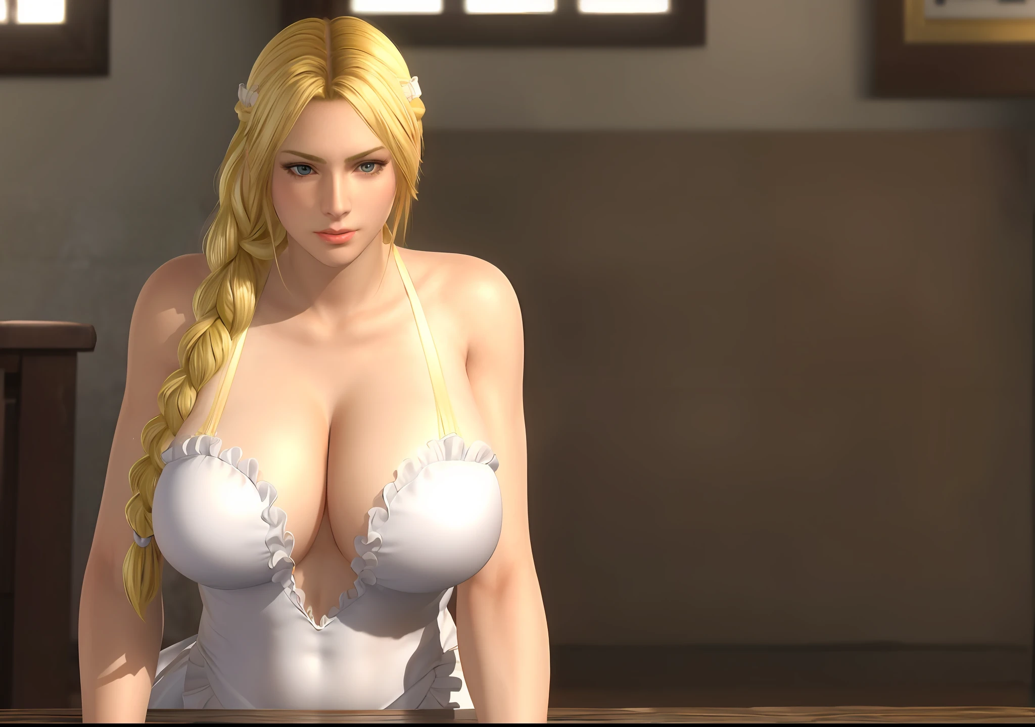 (day:1.7),Home, house, indoor, bedroom, beside_window,
sitting at attention,sitting on Bed,(Close-Up:1.3),(Upper_body:1.3),
Deep_cleavage, maid outfit,maid headdress, maid apron,
blonde_hair,hair_over_shoulder, Twin_braid,
1 girl, 20yo,mature female,Beautiful Finger,Beautiful long legs,Beautiful body,Beautiful Nose,Beautiful character design, perfect eyes, perfect face,
looking at viewer, (innocent_big_eyes:1.0),(expressionless:1.3),
NSFW,official art,extremely detailed CG unity 8k wallpaper, perfect lighting,Colorful, Bright_Front_face_Lighting,
(masterpiece:1.0),(best_quality:1.0), ultra high res,4K,ultra-detailed,
photography, 8K, HDR, highres, absurdres:1.2, Kodak portra 400, film grain, blurry background, bokeh:1.2, lens flare, (vibrant_color:1.2)
(Beautiful,huge_Breasts:1.6), (beautiful_face:1.5),(narrow_waist),