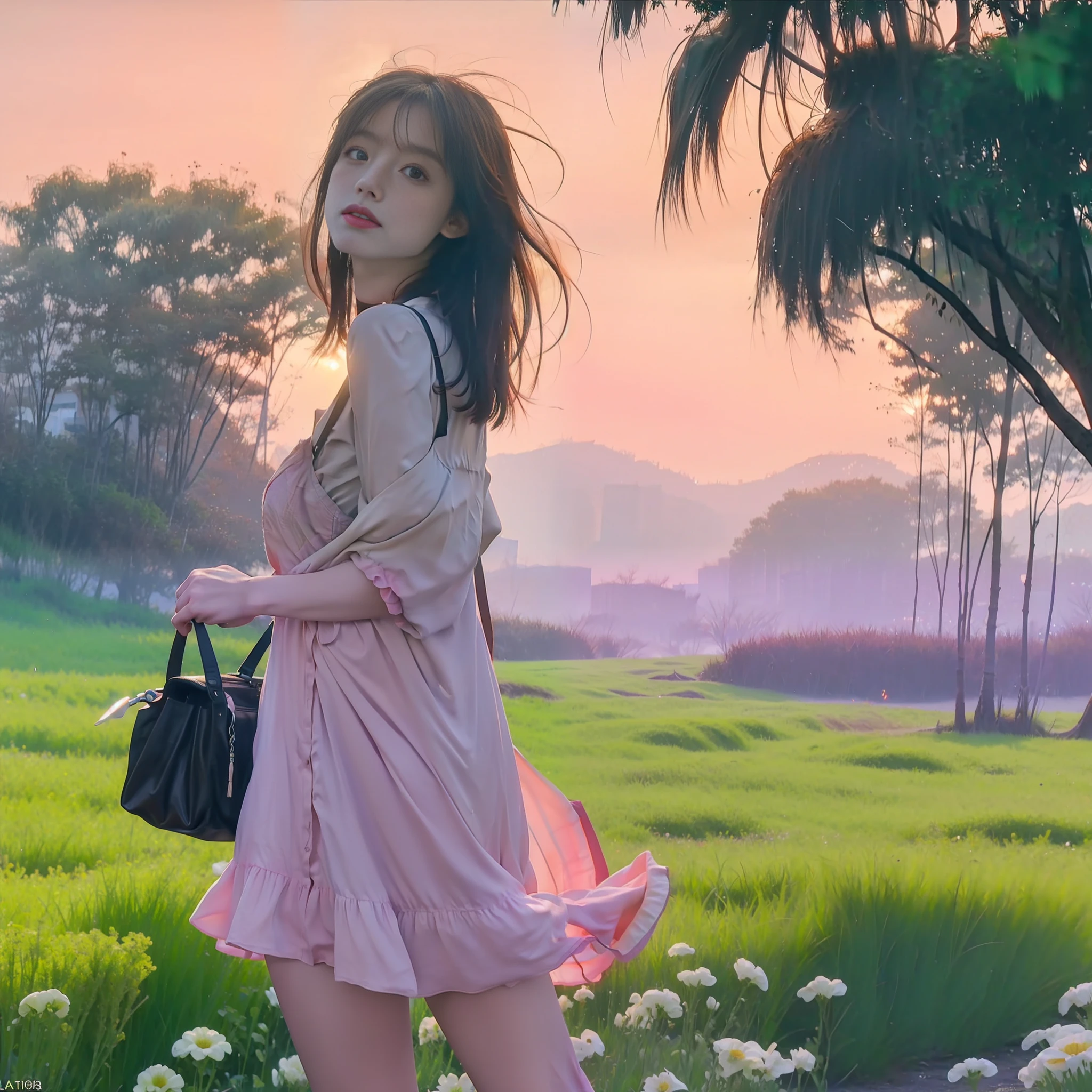 A wide landscape photo, (viewed from below, the sky is above, and the open field is below), a girl standing on a flower field looking up, (full moon: 1.2), (meteor: 0.9), (nebula: 1.3), distant mountains , Trees BREAK Crafting Art, (Warm Light: 1.2), (Firefly: 1.2), Lights, Lots of Purple and Orange, Intricate Details, Volumetric Lighting BREAK (Masterpiece: 1.2), (Best Quality), 4k, Ultra Detailed, (Dynamic Composition: 1.4), Rich in Detail and Color, (Rainbow Color: 1.2), (Glow, Atmospheric Lighting), Dreamy, Magical, (Solo: 1.2)