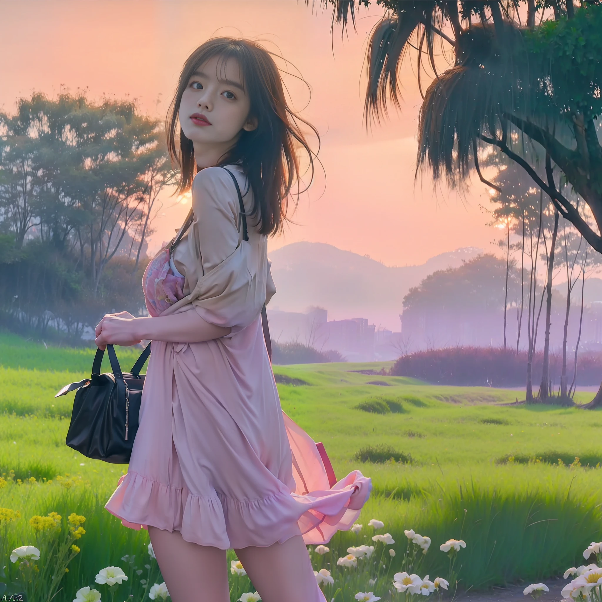A wide landscape photo, (viewed from below, the sky is above, and the open field is below), a girl standing on a flower field looking up, (full moon: 1.2), (meteor: 0.9), (nebula: 1.3), distant mountains , Trees BREAK Crafting Art, (Warm Light: 1.2), (Firefly: 1.2), Lights, Lots of Purple and Orange, Intricate Details, Volumetric Lighting BREAK (Masterpiece: 1.2), (Best Quality), 4k, Ultra Detailed, (Dynamic Composition: 1.4), Rich in Detail and Color, (Rainbow Color: 1.2), (Glow, Atmospheric Lighting), Dreamy, Magical, (Solo: 1.2)