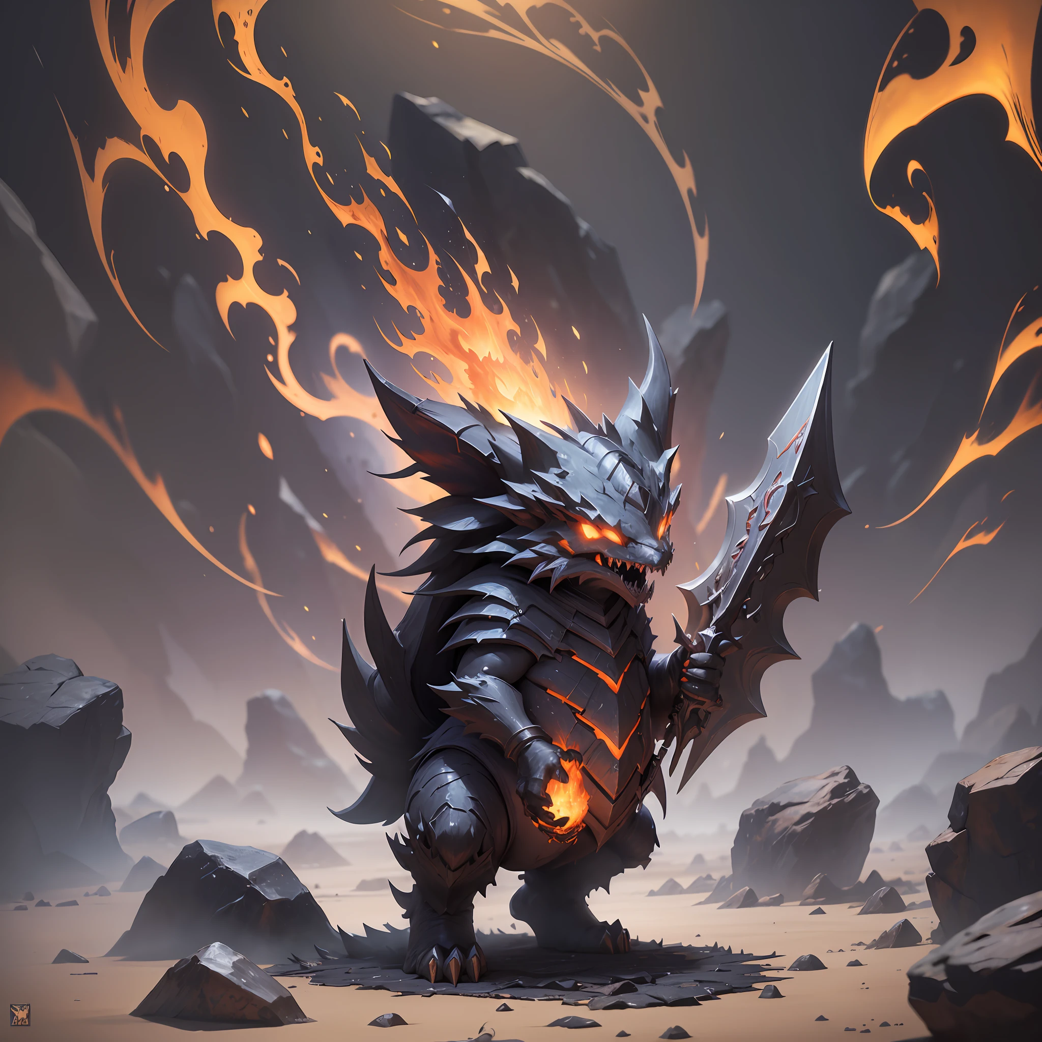 Best Quality, Masterpiece, Extreme Product, A Sealed Fire Attribute Creature, Fine Glow, Weapons Heavier Than Body, Sharp Teeth, Mysterious, Big Dynamics, Perspective, Focus Clear, Hearthstone, Pokemon, Emoticon Pain, Wasteland Punk (Dark Attribute 1.2), Flattened (1.4), Texture, Dark Simple Background --auto --s2