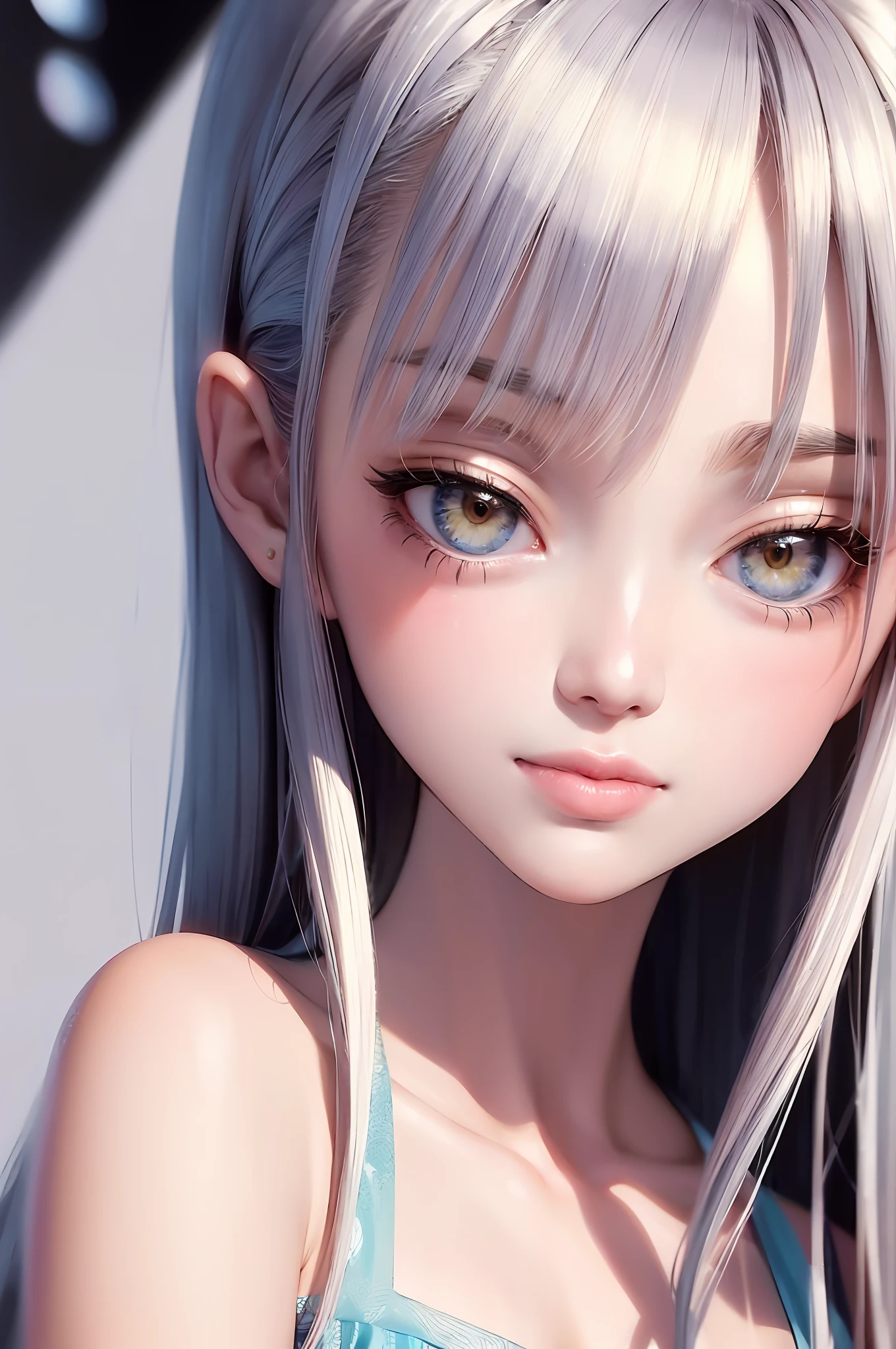 Fashion trendy beautiful and charming woman, gentle and charming Chinese beautiful woman, delicate and sexy collarbone, charming oval face, double eyelids, smart peach blossom eyes, pink lips, small nose, bare shoulders, focus on the face, close-up of the face, Ultra-high-definition, super-detailed, the white off-the-shoulder shirt perfectly echoes the light blue slit skirt, fresh and impressive