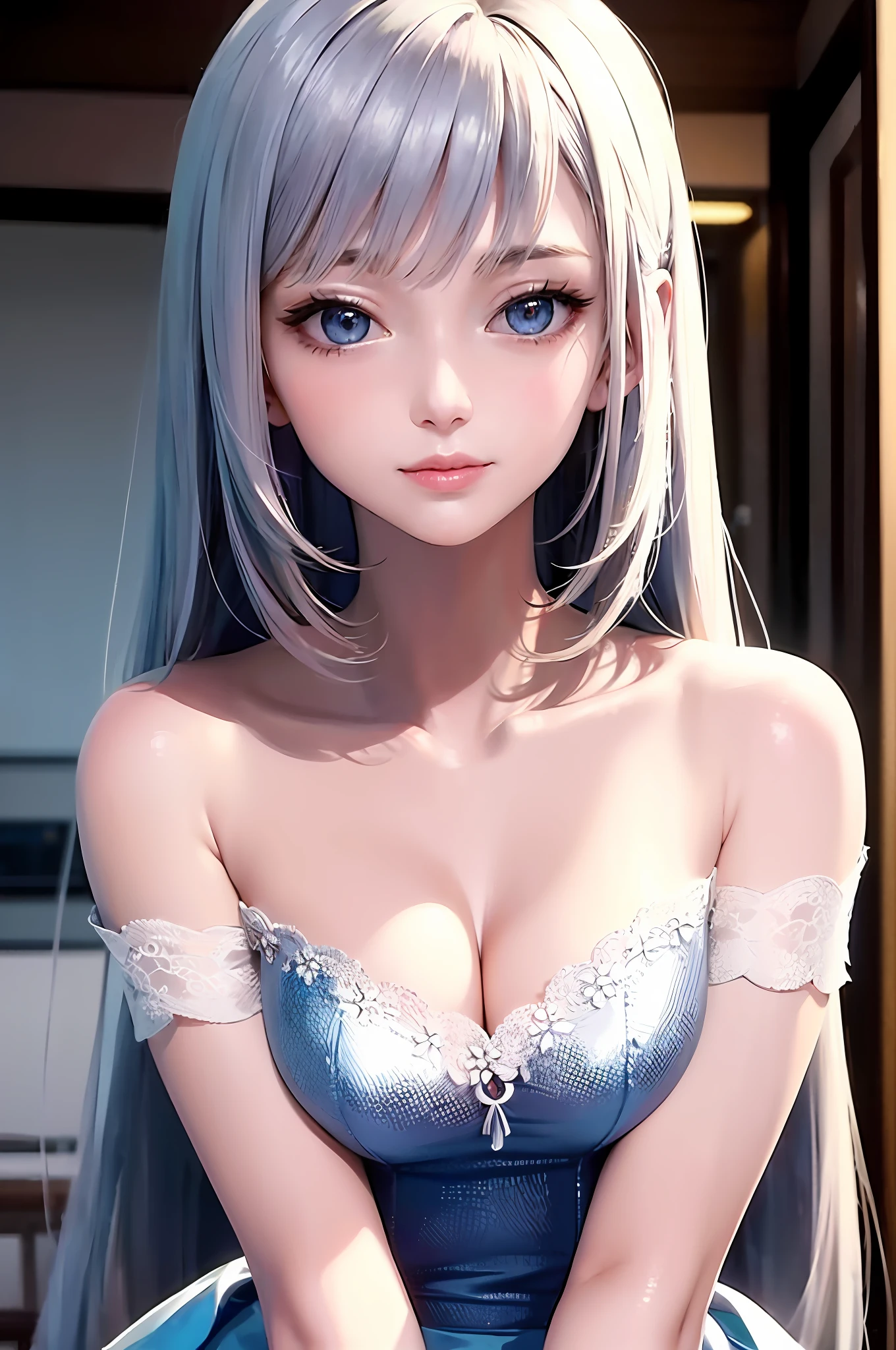 Fashion trendy beautiful and charming woman, gentle and charming Chinese beautiful woman, delicate and sexy collarbone, charming oval face, double eyelids, smart peach blossom eyes, pink lips, small nose, bare shoulders, focus on the face, close-up of the face, Ultra-high-definition, super-detailed, the white off-the-shoulder shirt perfectly echoes the light blue slit skirt, fresh and impressive