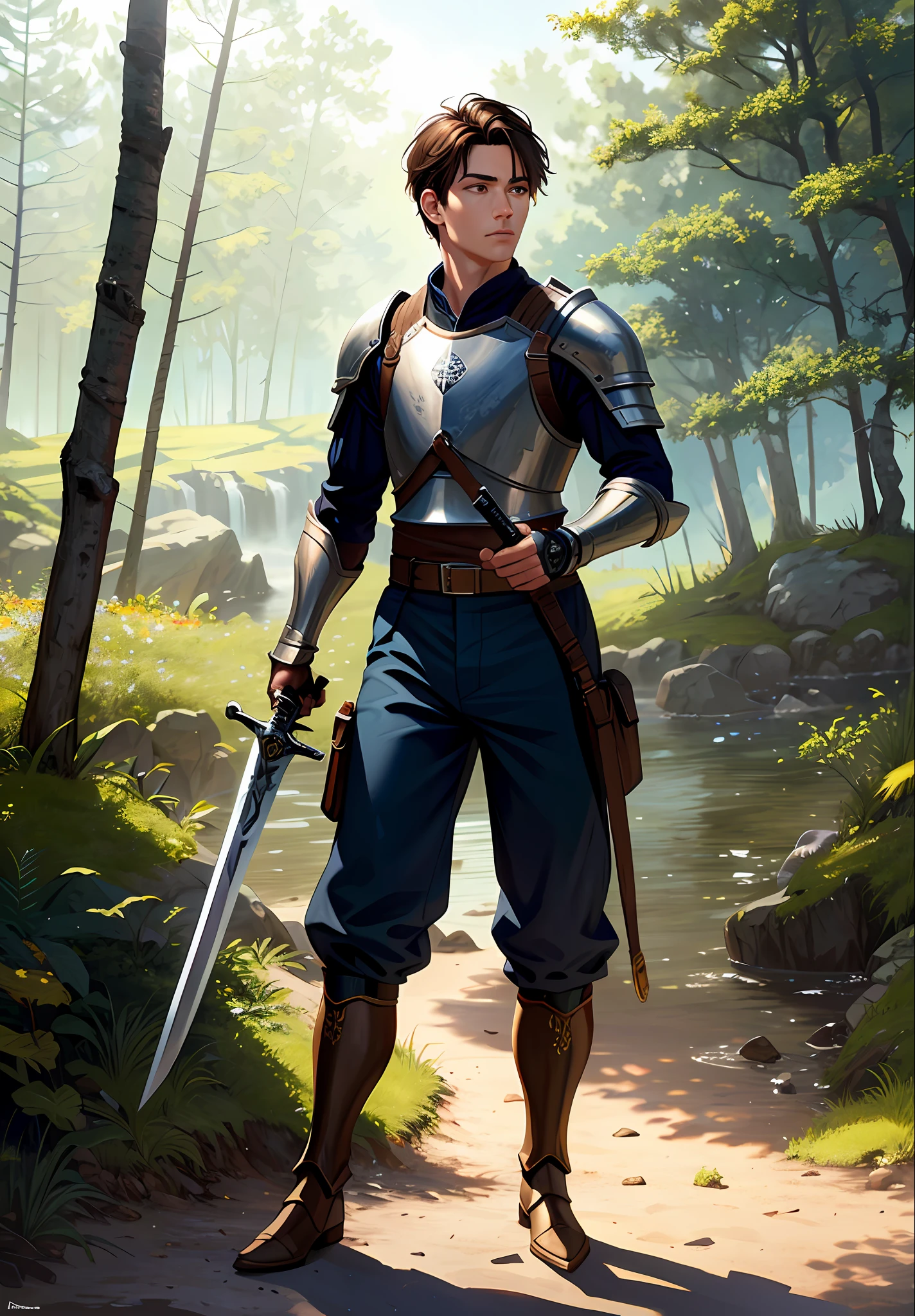 photorealistic, (hyperrealistic: 1.2), beautiful, masterpiece, best quality, extremely detailed face, perfect lighting, WarriorStyle, full body, (holding gun: 1.4), 1boy, male focus, face-facing observer, forest, nature, standing outdoors, holding gun, (short brown hair), boots, solo, pants, water, medieval scenery, armor, sword, scenery, detailed hands and fingers, armor, post-battle scenery
