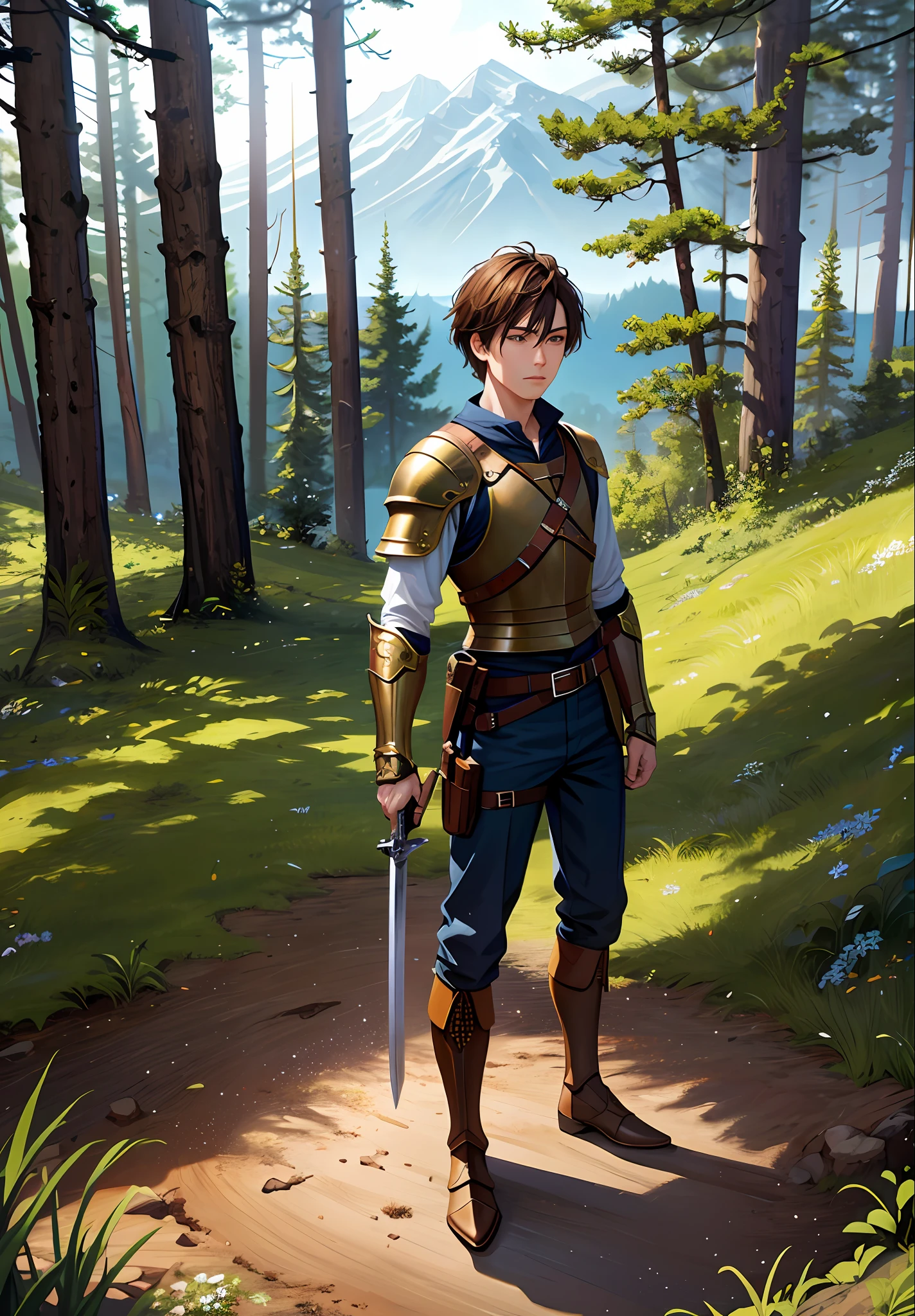 photorealistic, (hyperrealistic: 1.2), beautiful, masterpiece, best quality, extremely detailed face, perfect lighting, WarriorStyle, full body, (holding gun: 1.4), 1boy, male focus, face-facing observer, forest, nature, standing outdoors, holding gun, (short brown hair), boots, solo, pants, water, medieval scenery, armor, sword, scenery, detailed hands and fingers, armor, post-battle scenery