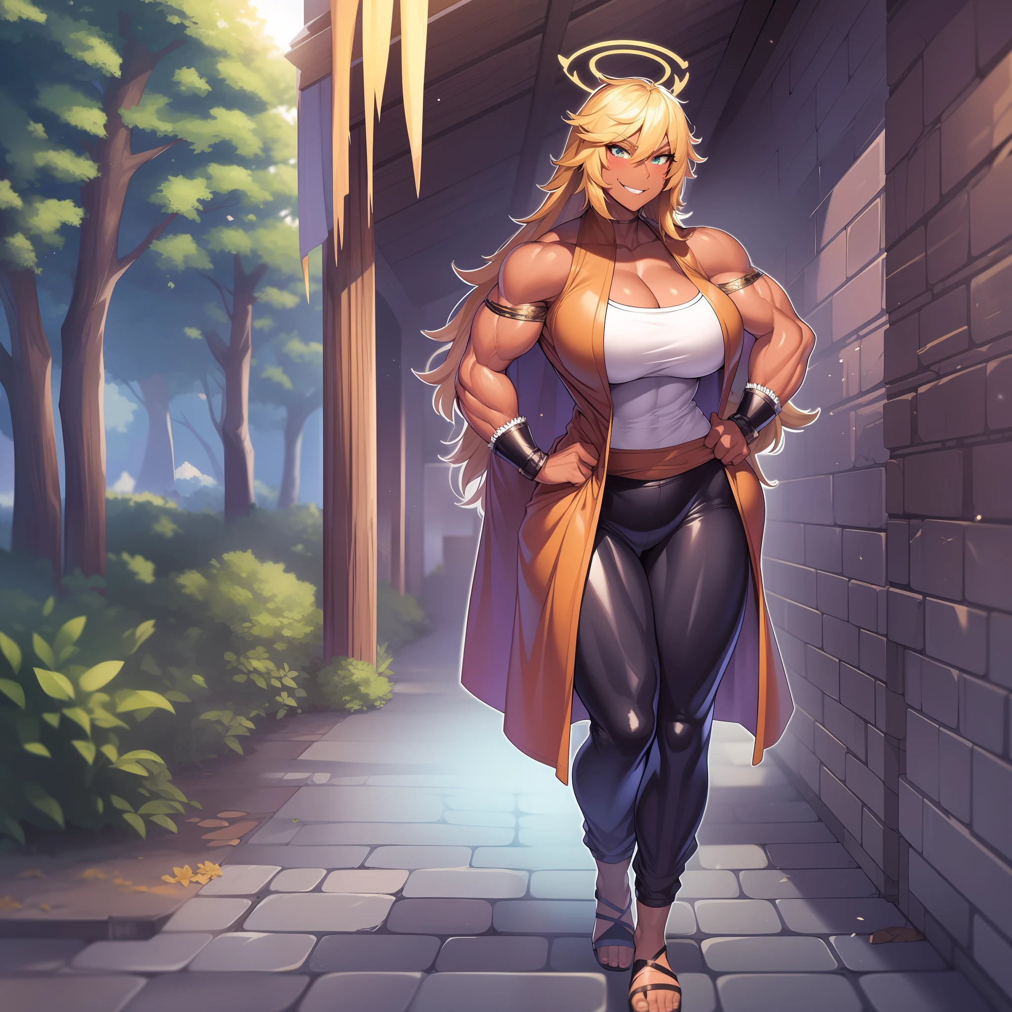 Muscle girl, dark-skinned woman, big chest, wings, happy,, coat jacket, pants, portrait, 1character, full body, walking, long dress, medieval, village, farm, angel halo, forest,flipflops,blond hair,, , coat, buttler, victorian cloths, smile