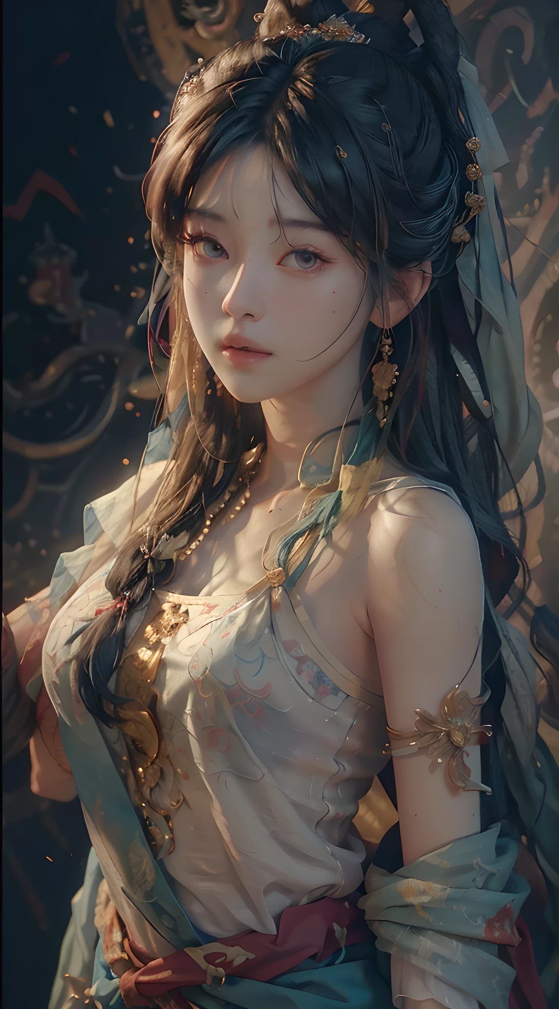 (RAW photo, best quality), (realistic, photo-realistic:1.3),best quality,highly detailed,masterpiece,ultra-detailed,illustration,1girl,upper_body,dynamic angle,world masterpiece theater,messy_long_hair,best quality,extremely detailed CG unity 8k wallpaper,ink,Amazing,cinematic lighting,lens_flare, dunhuang_style
