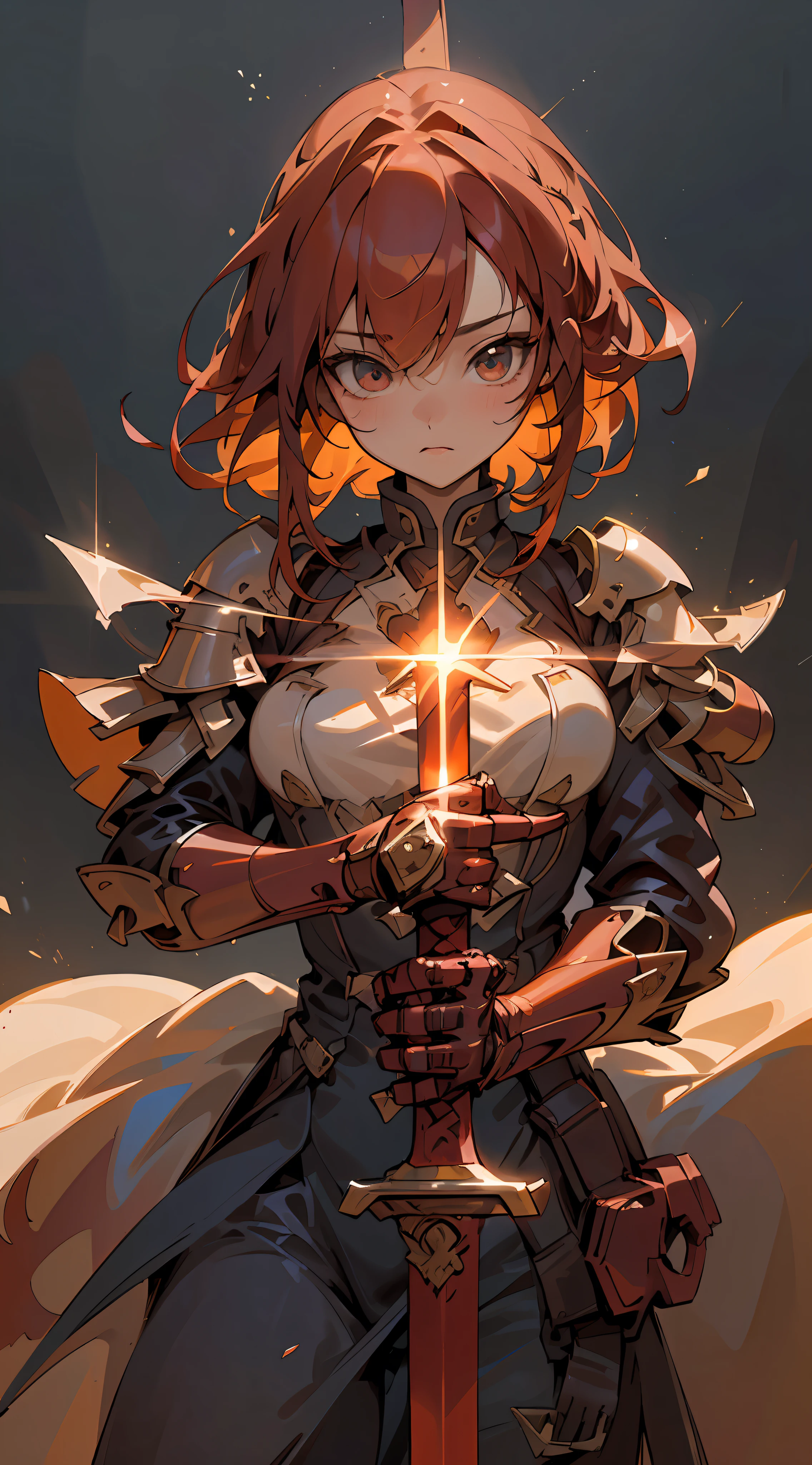 1girl, (wearing red armor with dazzling light: 1.2), (holding a huge sword emitting fiery flame in one hand: 1.2), (red hair, dynamic hair), blushing, cute side face, (masterpiece: 1.2, best quality), (fine beautiful eyes: 1.2), (very detailed CG Unity 8k wallpaper, masterpiece, best quality, hyper detail, best shadow), (detailed background), (beautiful detail face, beautiful detail eyes), high contrast, (the best lighting, extremely delicate and beautiful), (dynamic shapes: 1.2), (blazing flame on the sword: 1.2), (delicate sword with flame)