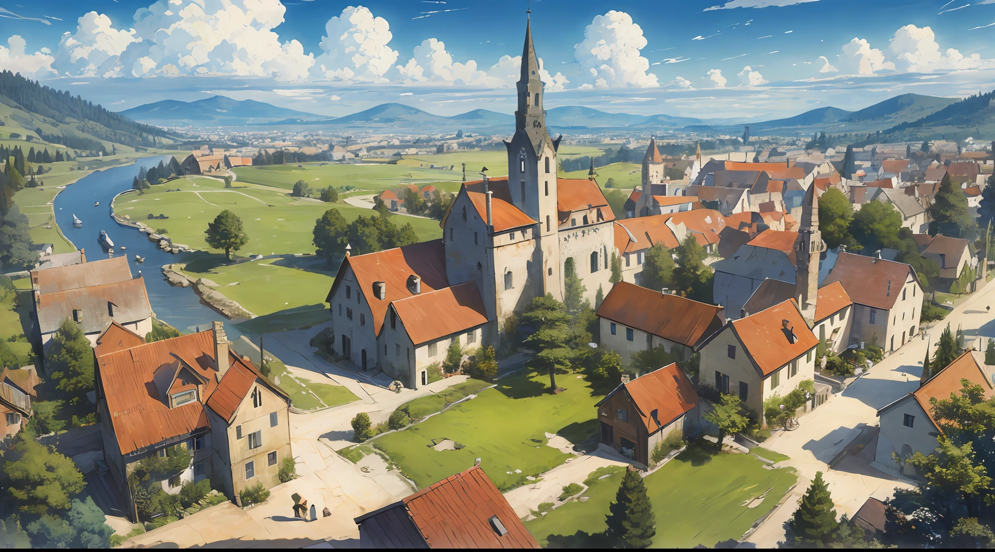 ((masterpiece)),((best quality)),((high detail)),((realistic,)) ((ultra detailed)) landscape of a small medieval town, cartoonist illustration, aeria view, beautiful sky, deformed clouds, 1.3:pine trees, towers, people walking