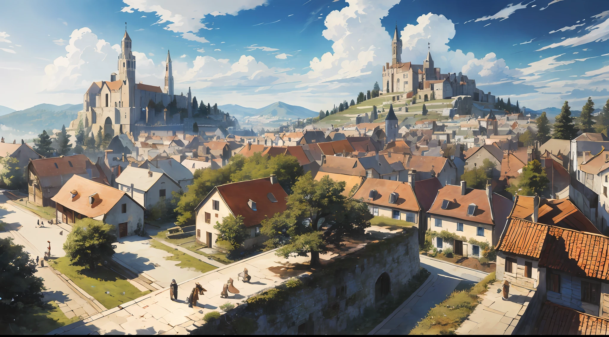 ((masterpiece)),((best quality)),((high detail)),((realistic,)) ((ultra detailed)) landscape of a small medieval town, cartoonist illustration, aeria view, beautiful sky, deformed clouds, 1.3:pine trees, towers, people walking