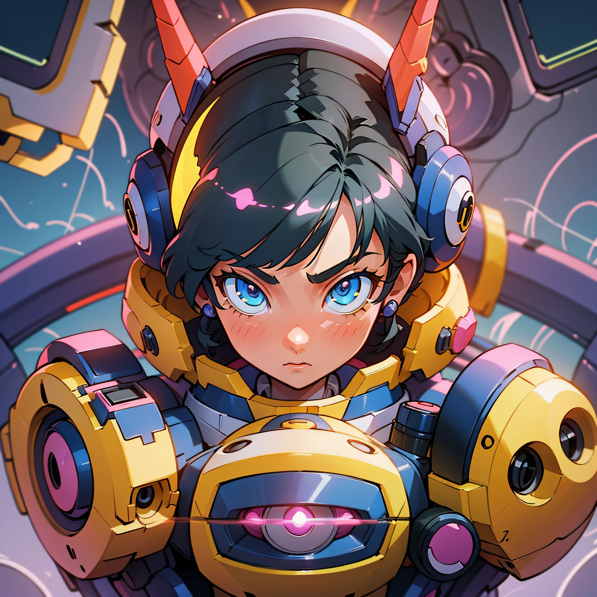 Obo medabot anime, yellow, with black parts. cinematic lighting, Futurism, Surrealism, Canon, Sony FE, close-up, anatomically correct, 4K, 8k, super detail